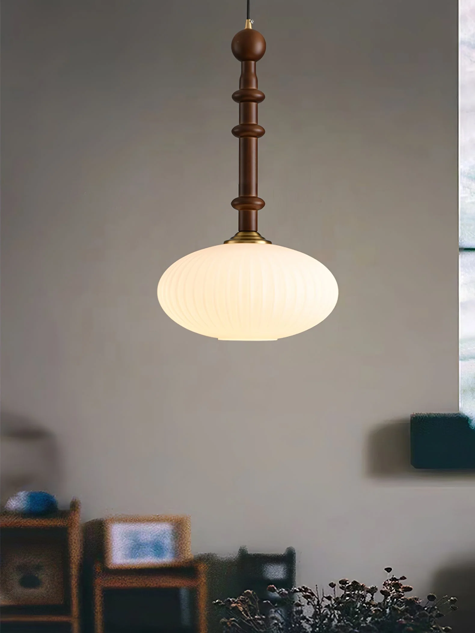 Iliror Traditional Art Wood Glass Pendant Light - Image 4