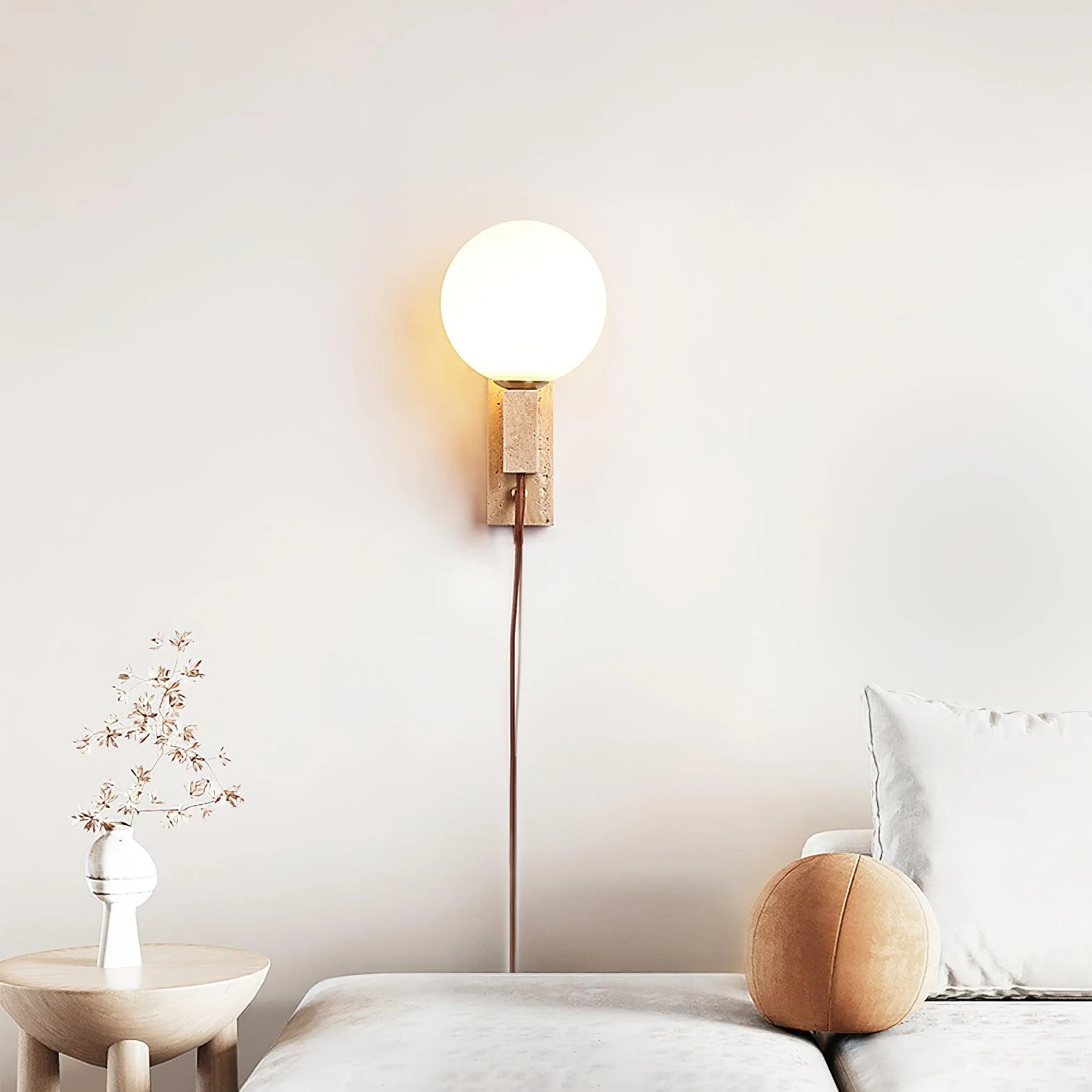 Large Ball Plug Contemporary Travertine Wall Light - Image 2