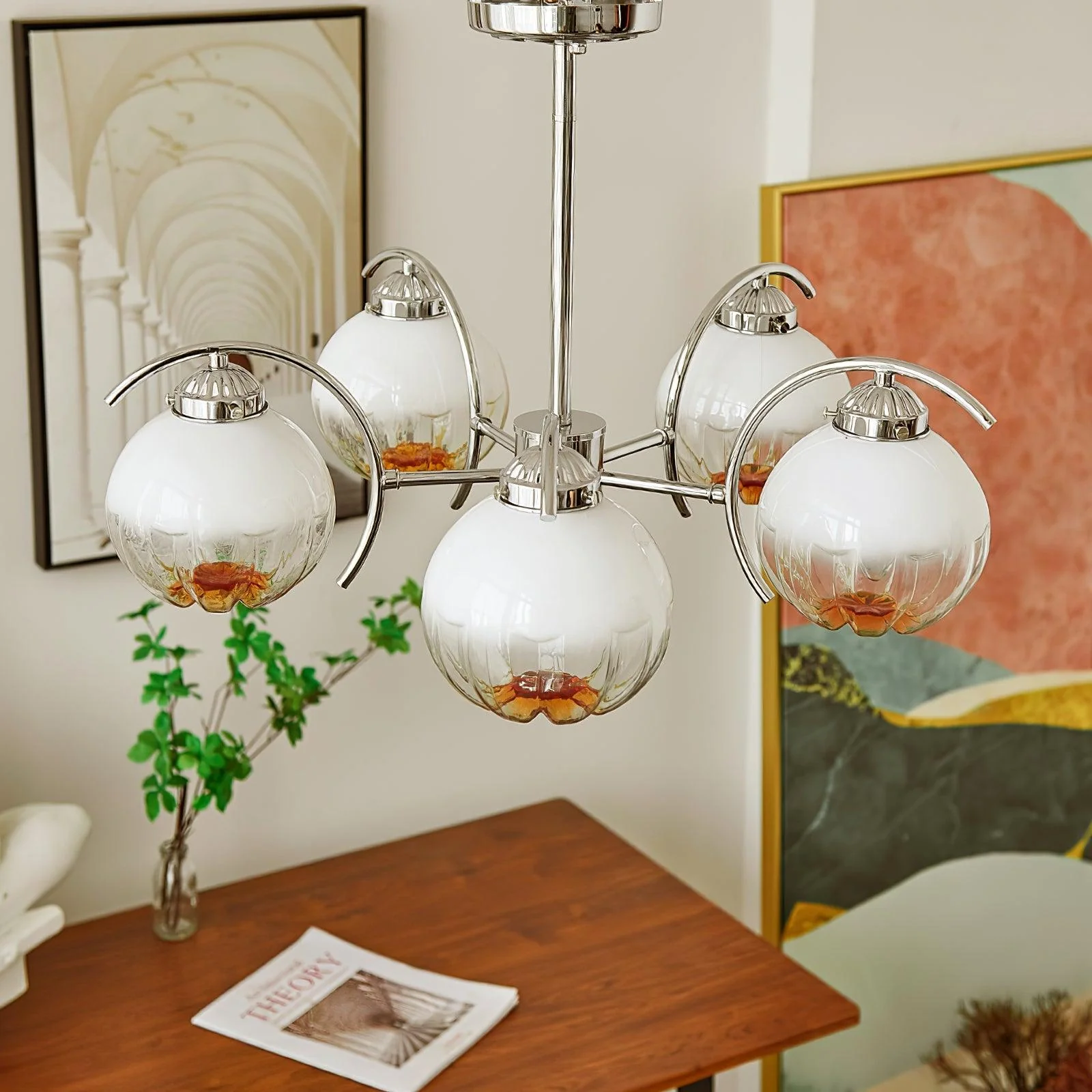 Chandelier Chrome Curved Arms with Frosted Globe Shades - Image 12