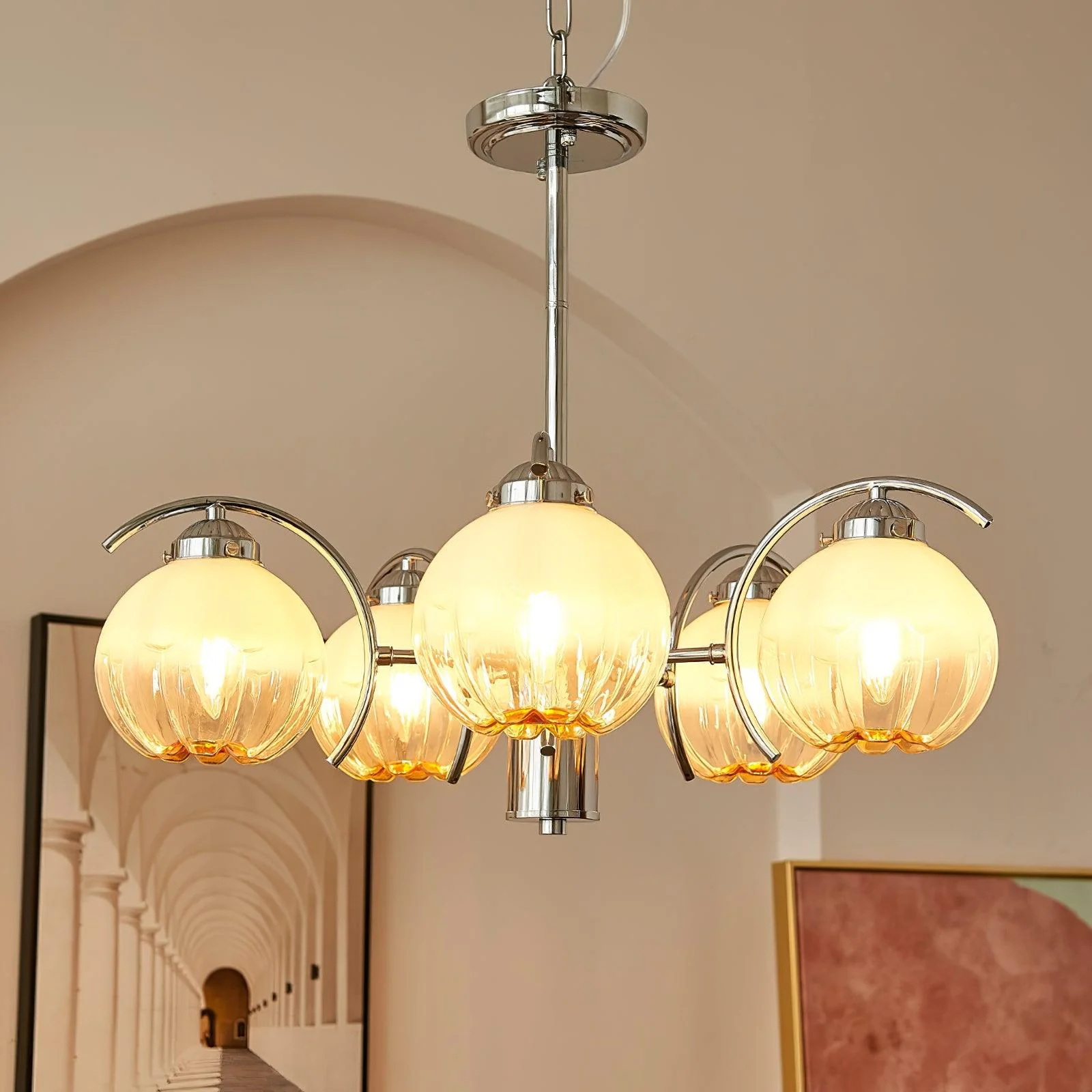 Chandelier Chrome Curved Arms with Frosted Globe Shades - Image 16