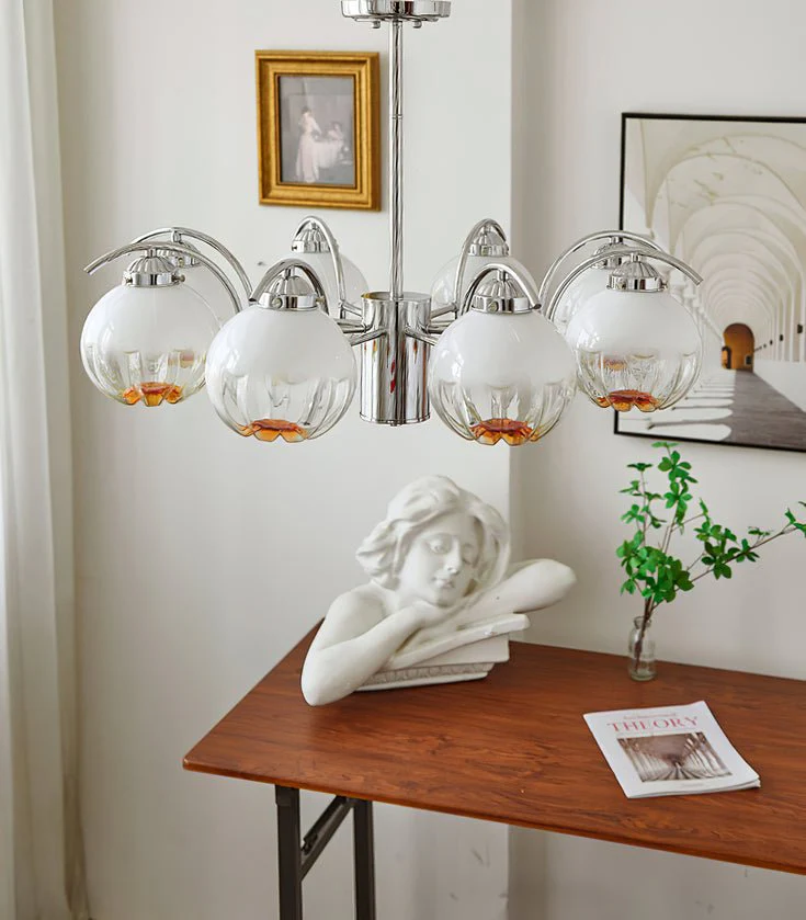 Chandelier Chrome Curved Arms with Frosted Globe Shades - Image 18