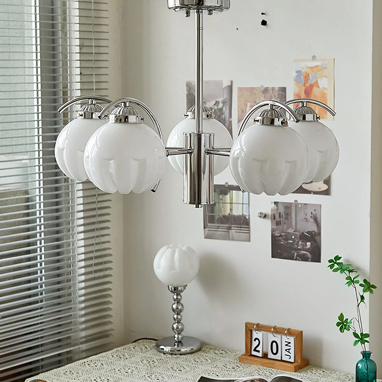 Chandelier Chrome Curved Arms with Frosted Globe Shades - Image 23