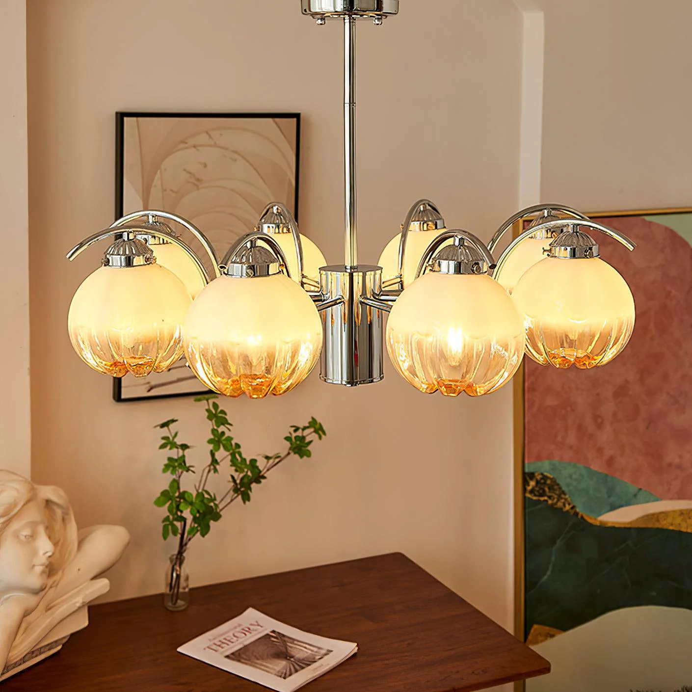 Chandelier Chrome Curved Arms with Frosted Globe Shades - Image 30