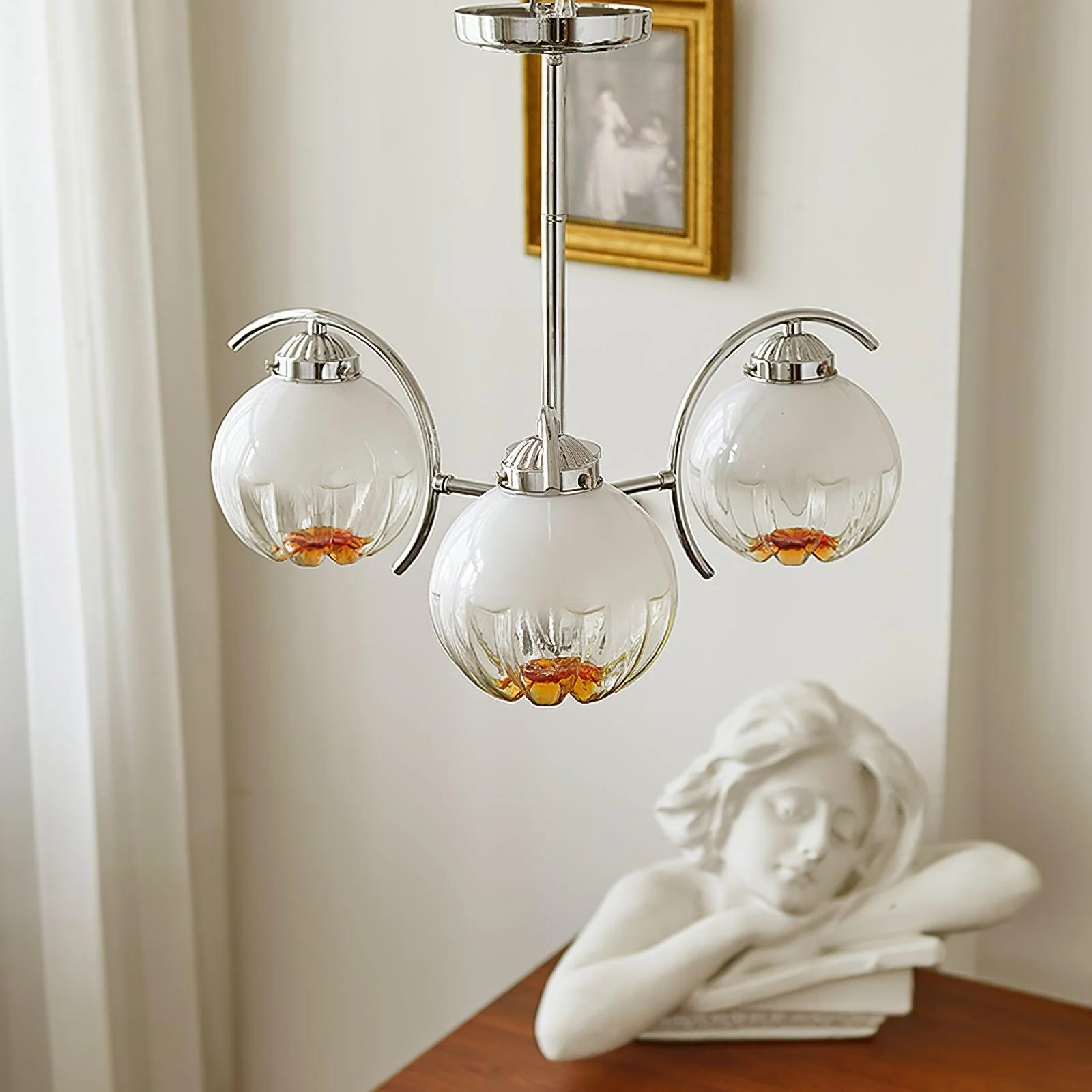 Chandelier Chrome Curved Arms with Frosted Globe Shades - Image 31