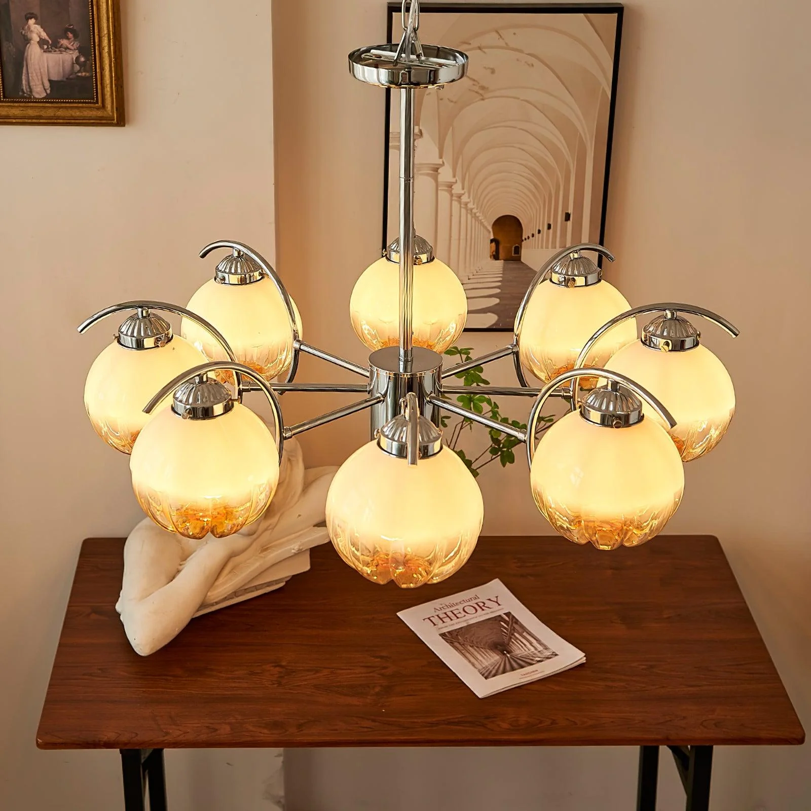 Chandelier Chrome Curved Arms with Frosted Globe Shades - Image 32