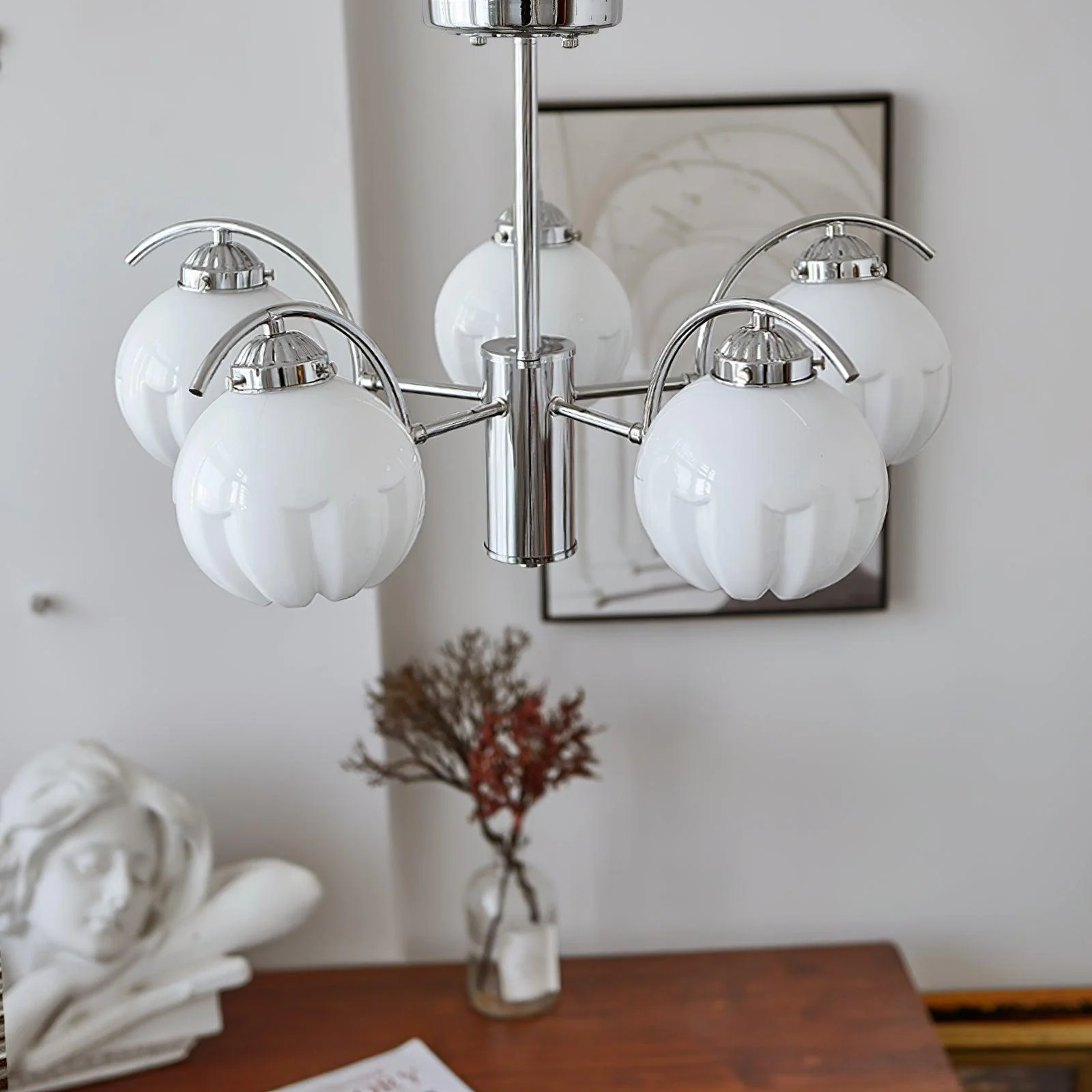 Chandelier Chrome Curved Arms with Frosted Globe Shades - Image 33