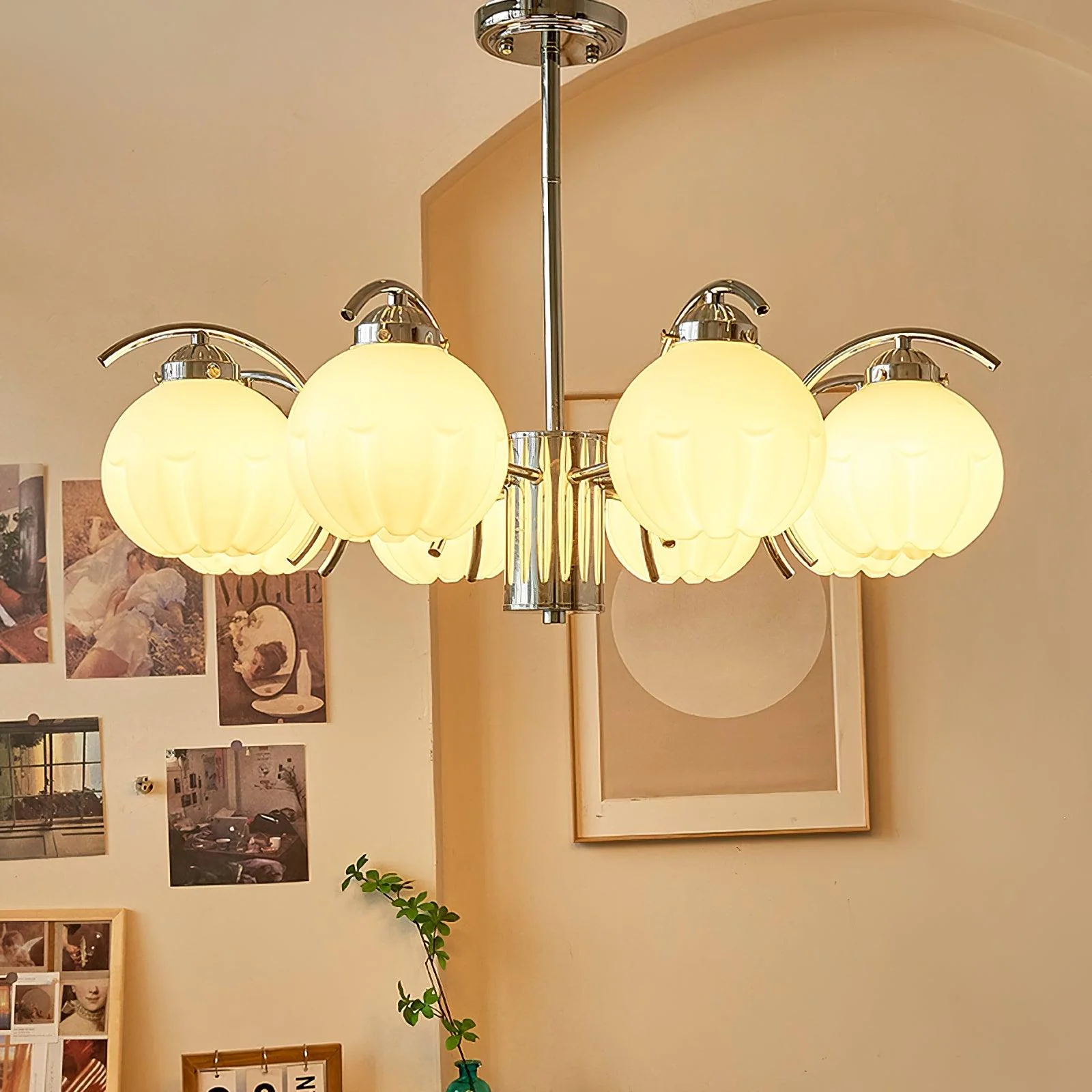 Chandelier Chrome Curved Arms with Frosted Globe Shades - Image 35