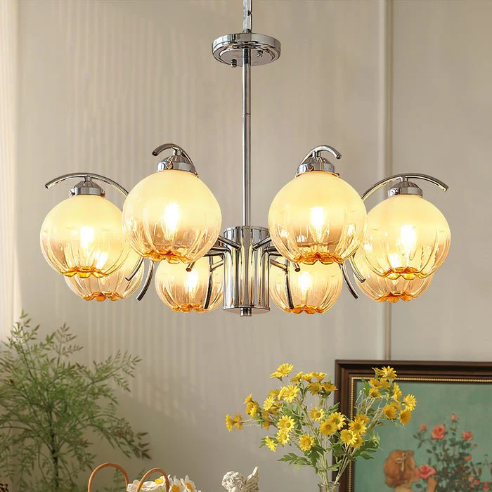 Chandelier Chrome Curved Arms with Frosted Globe Shades - Image 36