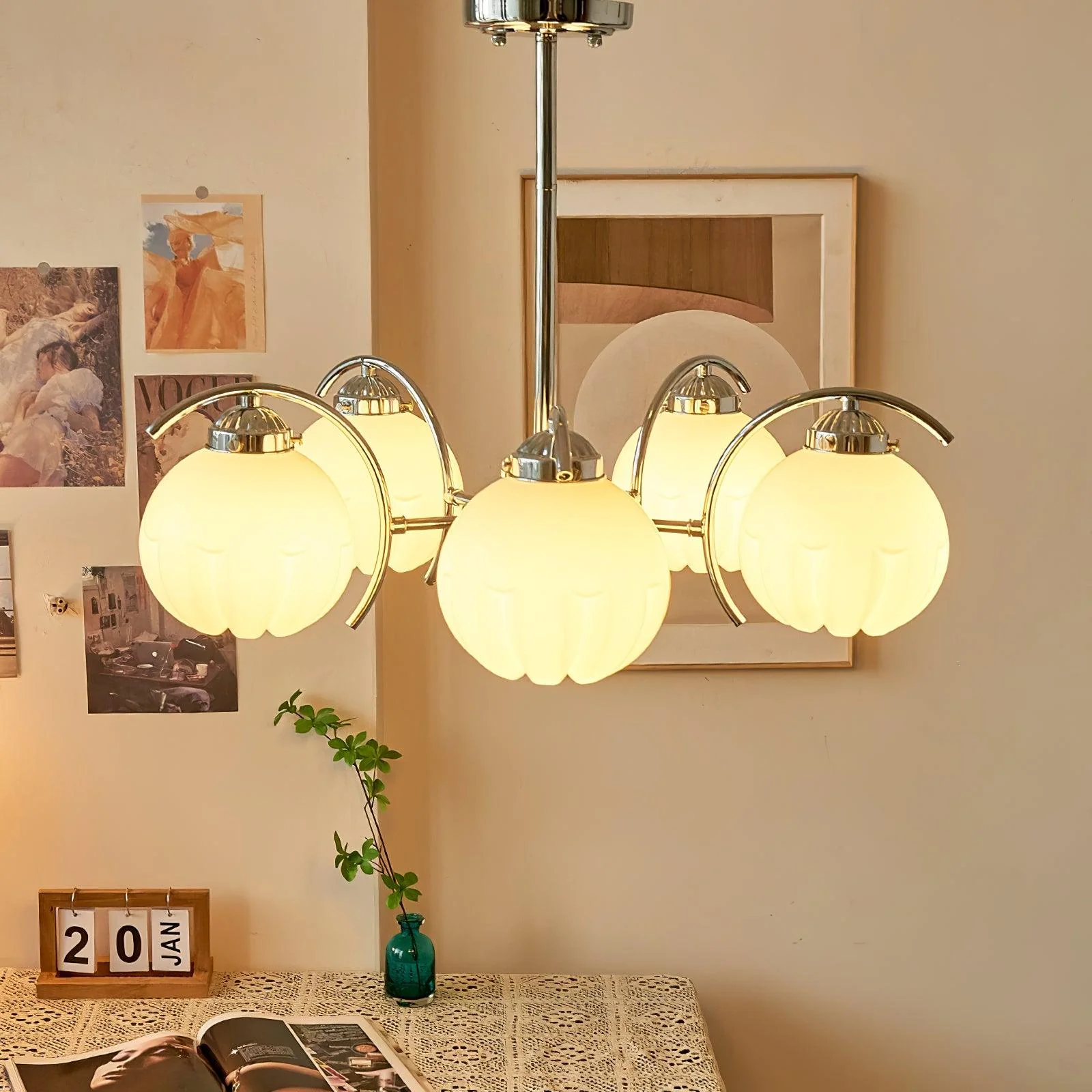 Chandelier Chrome Curved Arms with Frosted Globe Shades - Image 37