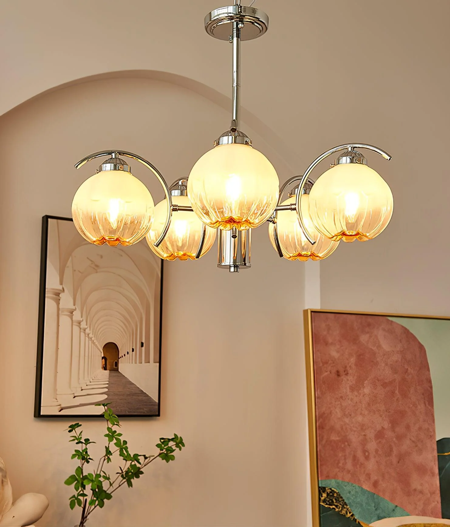Chandelier Chrome Curved Arms with Frosted Globe Shades - Image 39