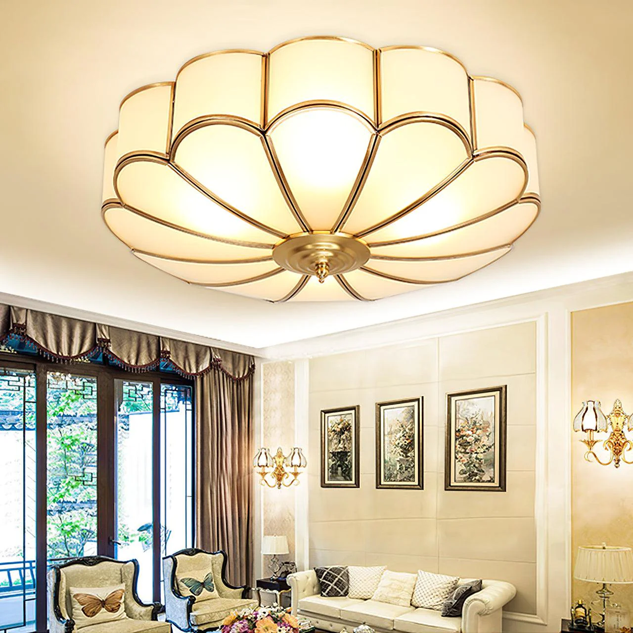 Lustra Ceiling Light Flower Shape Glass Brass - Image 14