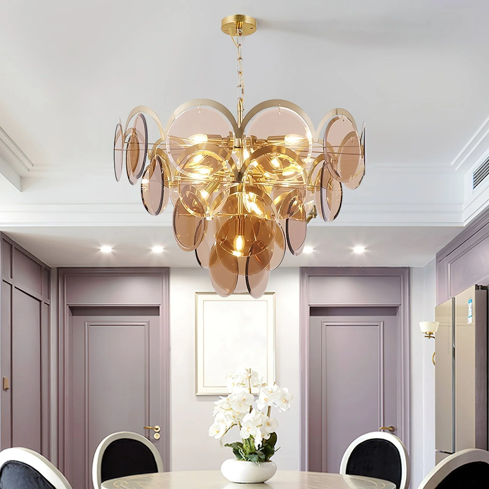 Lustra Chandelier Amber Glass Tiered Circles - Image 2