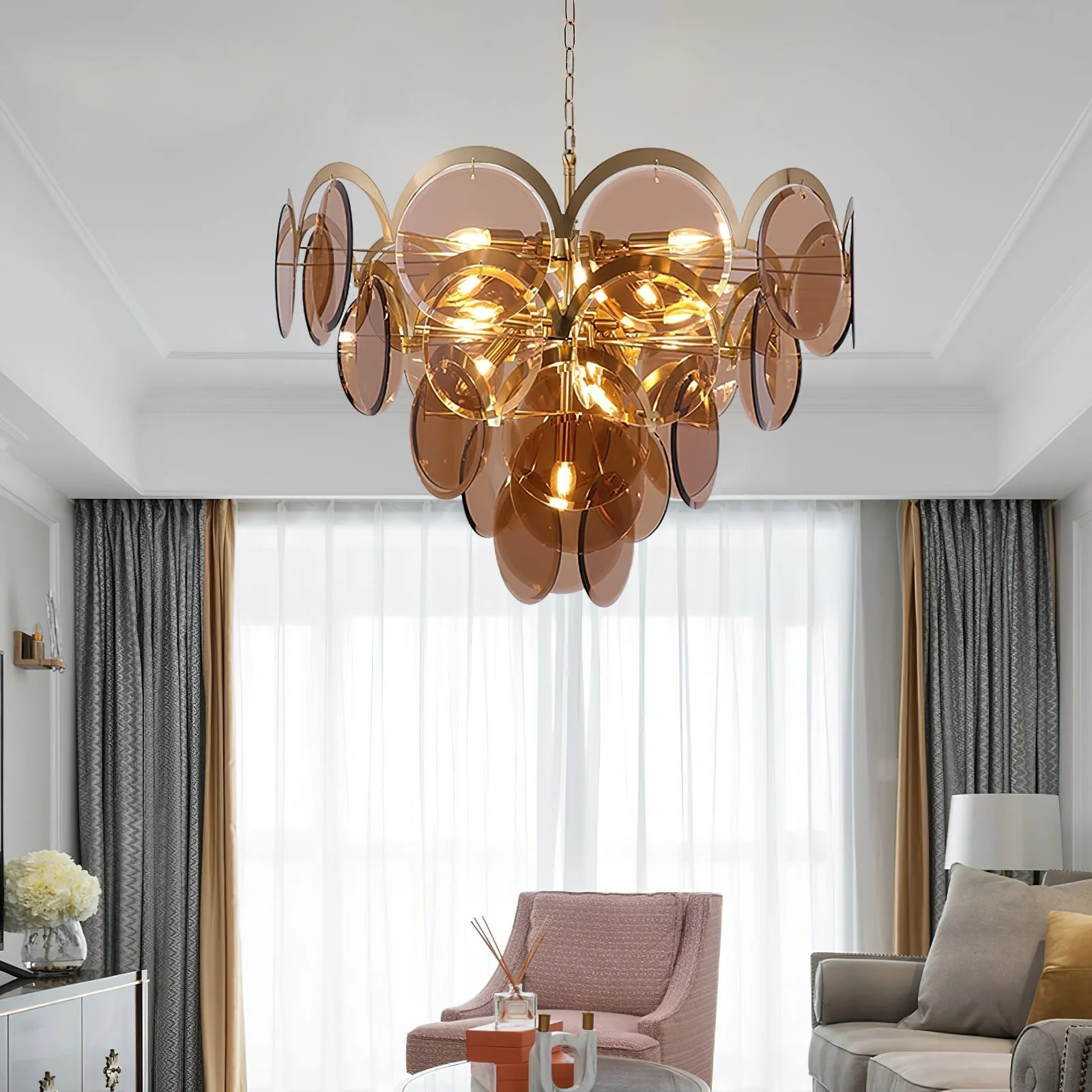 Lustra Chandelier Amber Glass Tiered Circles - Image 6