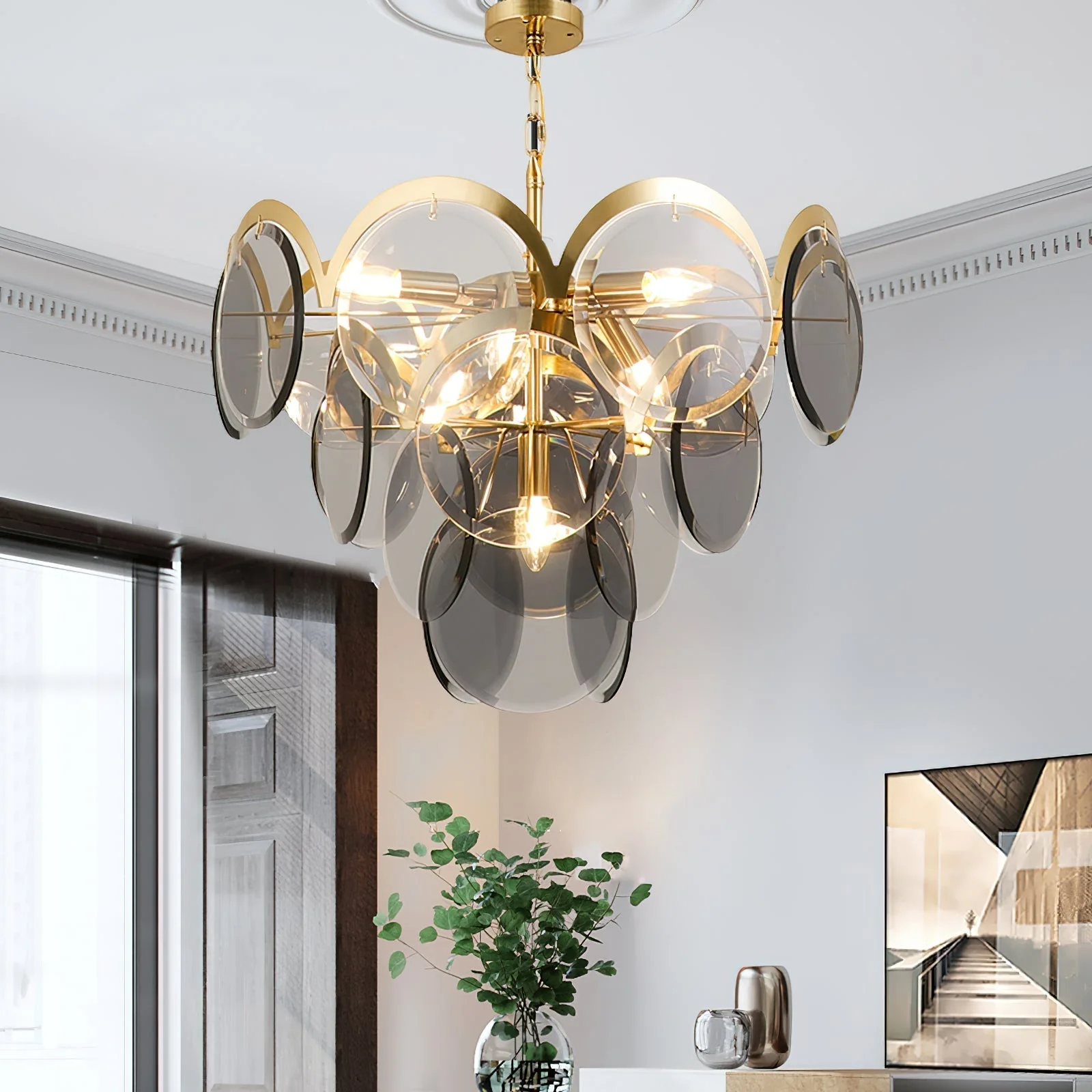 Lustra Chandelier Amber Glass Tiered Circles - Image 7