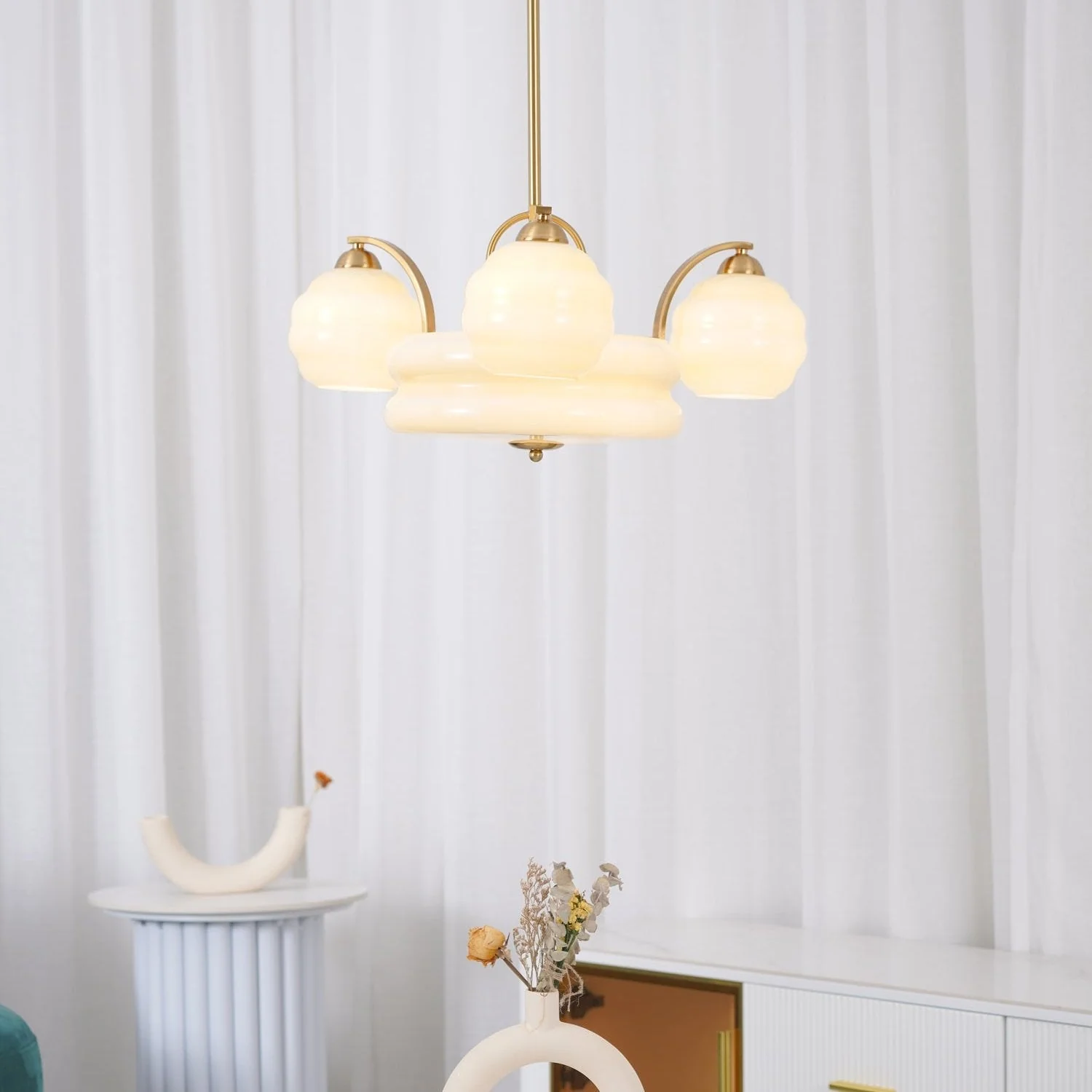 Lustra Chandelier Art Deco Vintage Gold Glass Shades - Image 18