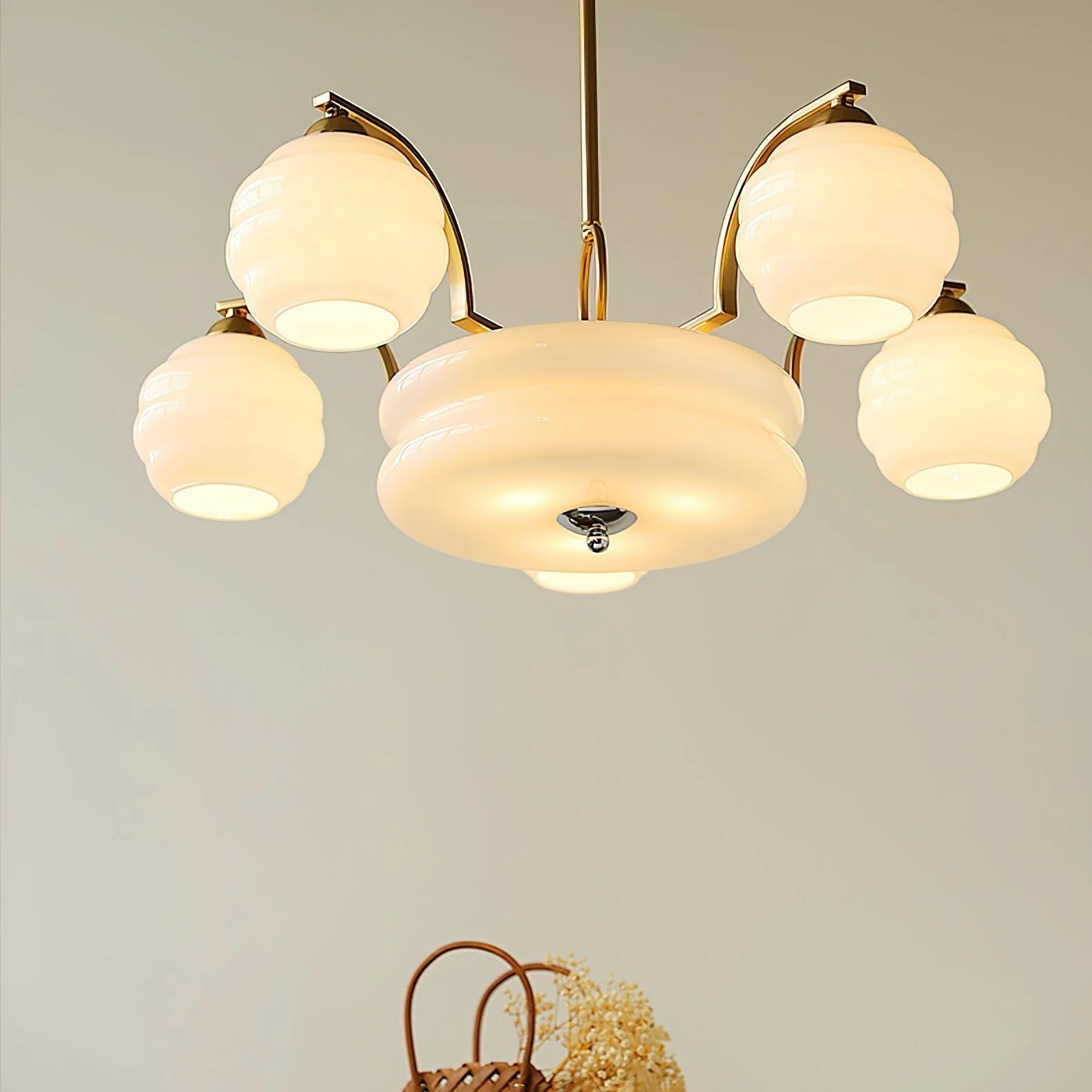 Lustra Chandelier Art Deco Vintage Gold Glass Shades - Image 54