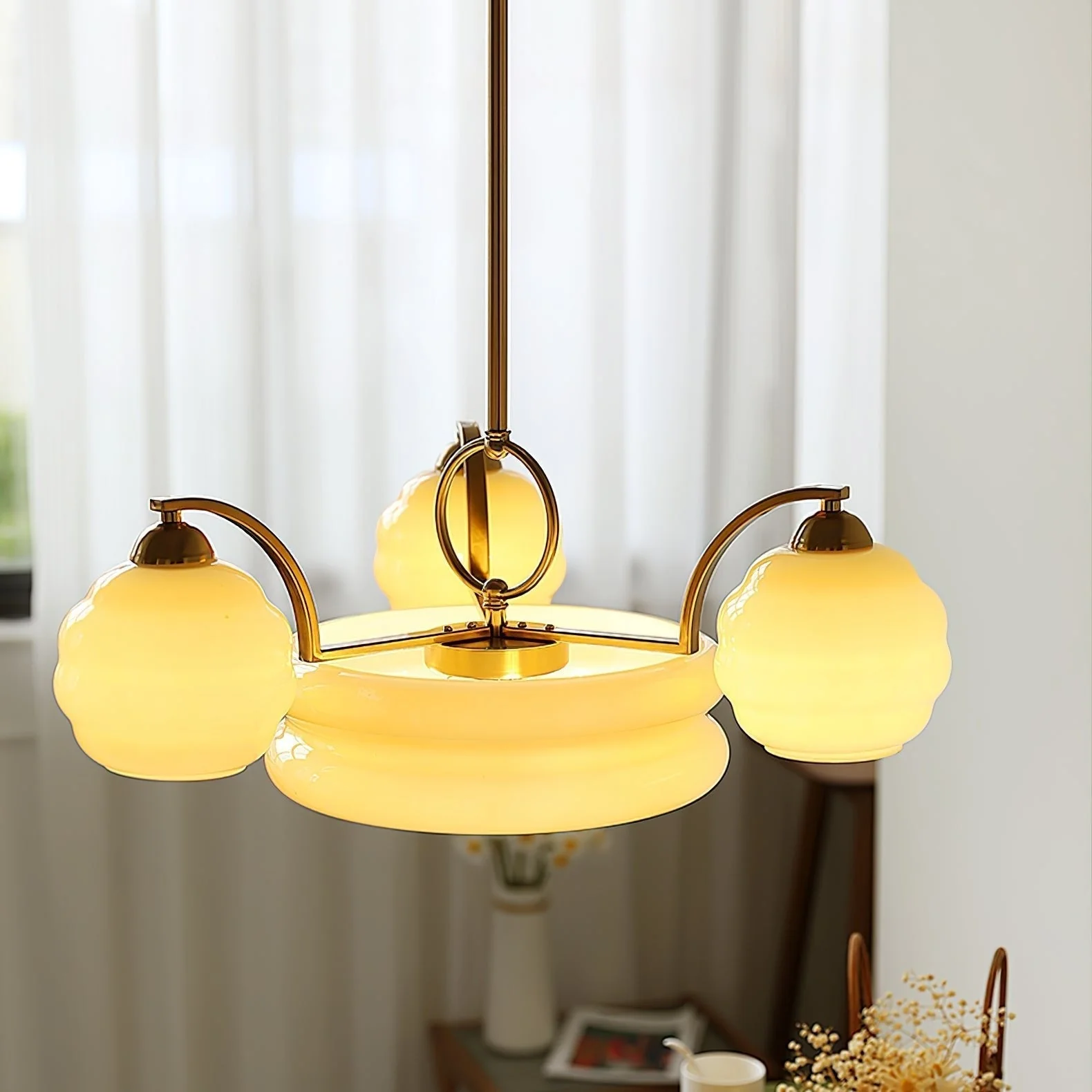 Lustra Chandelier Art Deco Vintage Gold Glass Shades - Image 57
