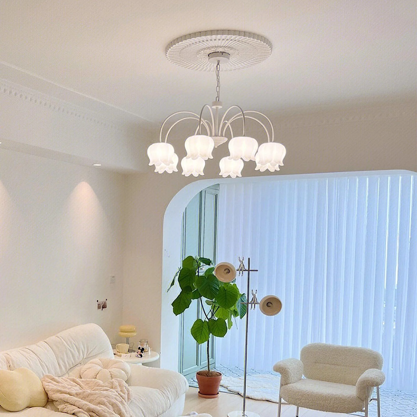 Lustra Chandelier Bell Shade Curved Arm White Floral Elegant - Image 16