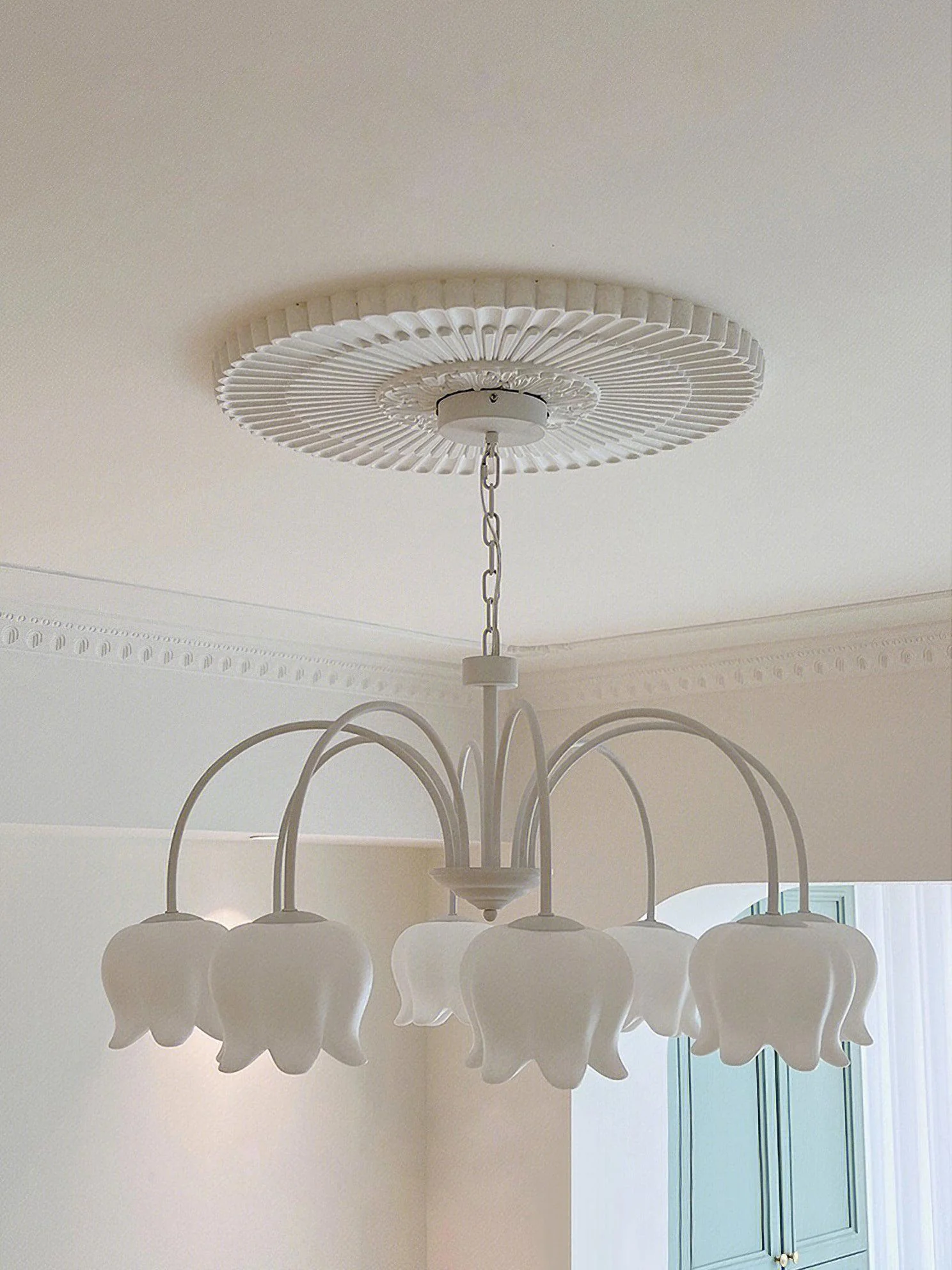 Lustra Chandelier Bell Shade Curved Arm White Floral Elegant - Image 18