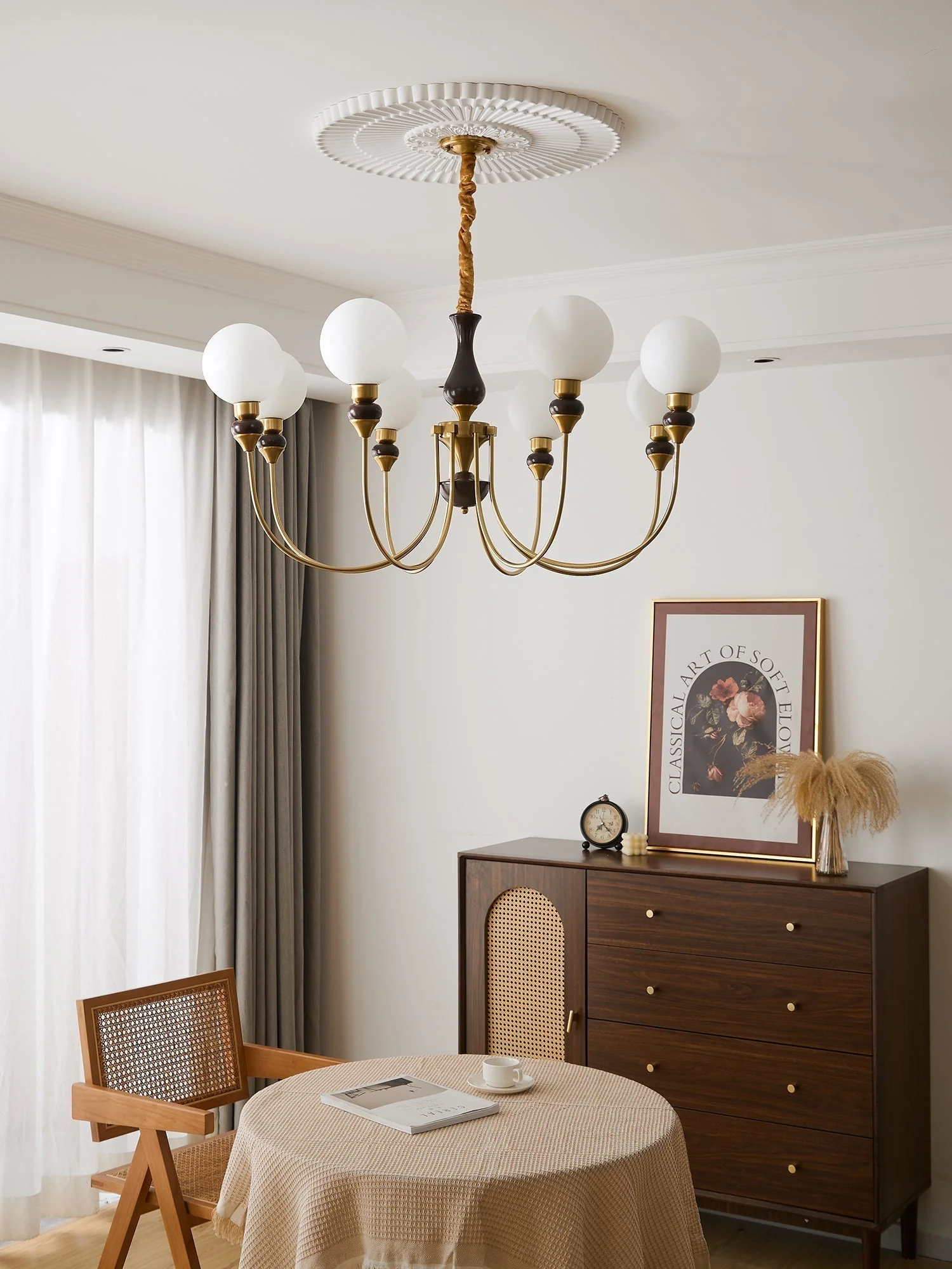 Lustra Chandelier Brass Arms Frosted Glass Globes - Image 10