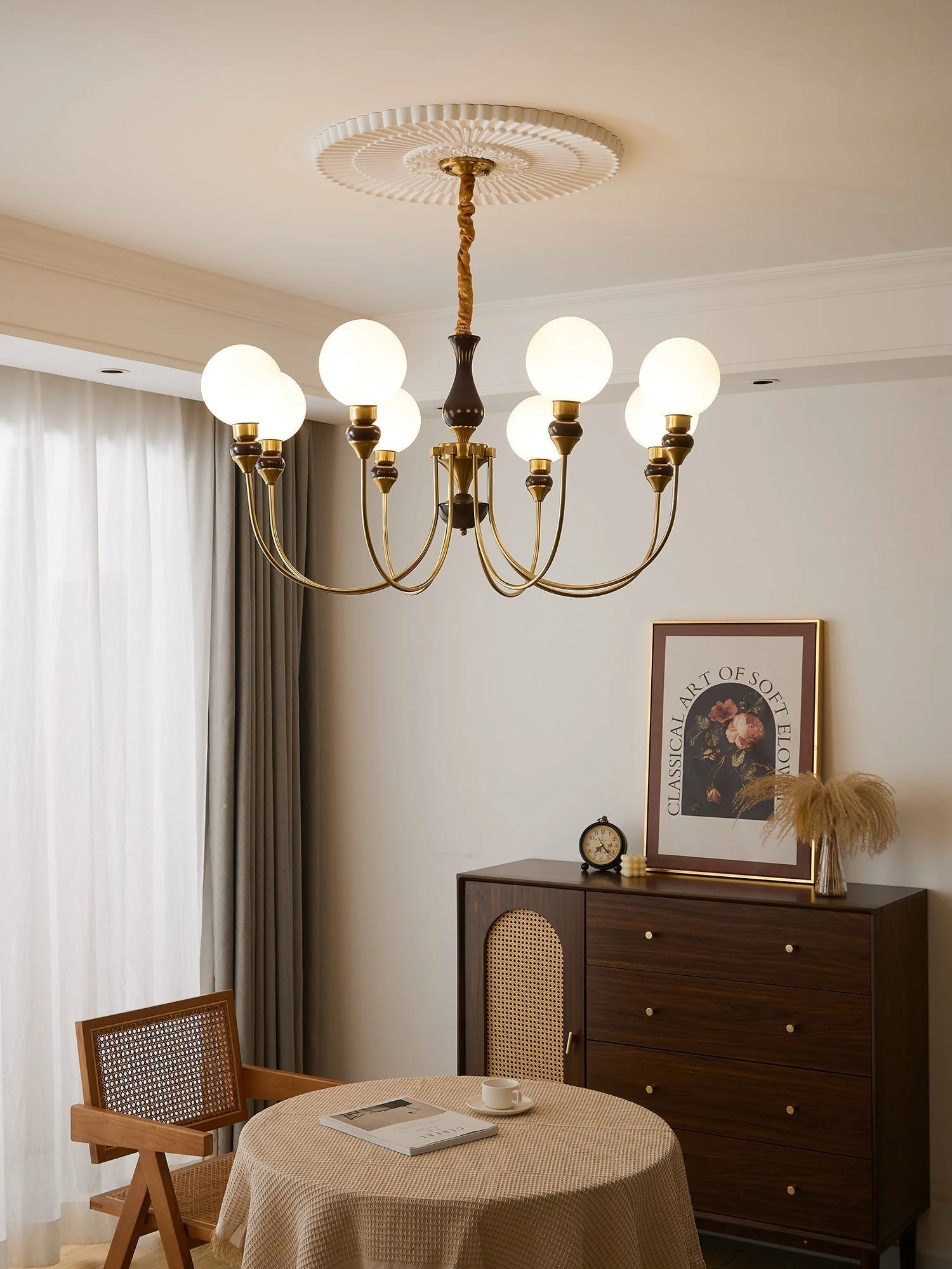 Lustra Chandelier Brass Arms Frosted Glass Globes - Image 11