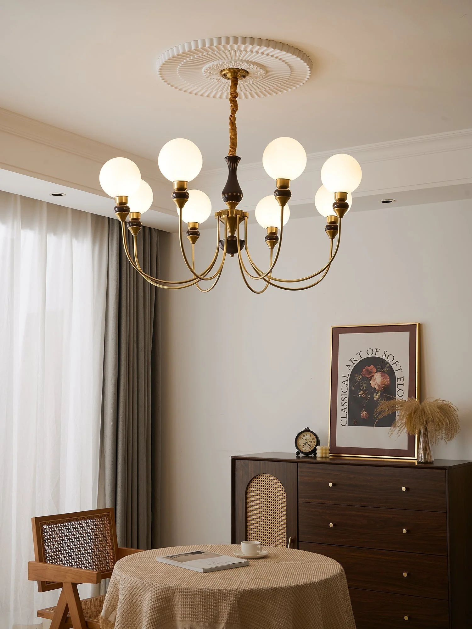 Lustra Chandelier Brass Arms Frosted Glass Globes - Image 13