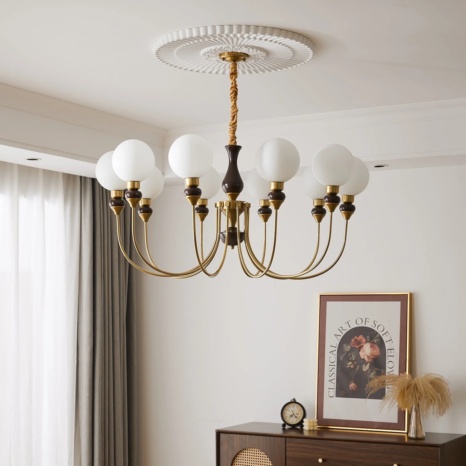 Lustra Chandelier Brass Arms Frosted Glass Globes - Image 16