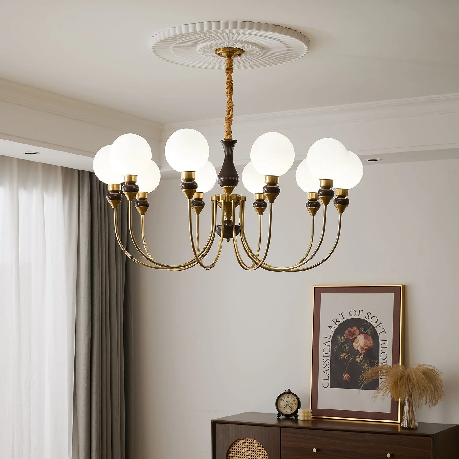 Lustra Chandelier Brass Arms Frosted Glass Globes - Image 19