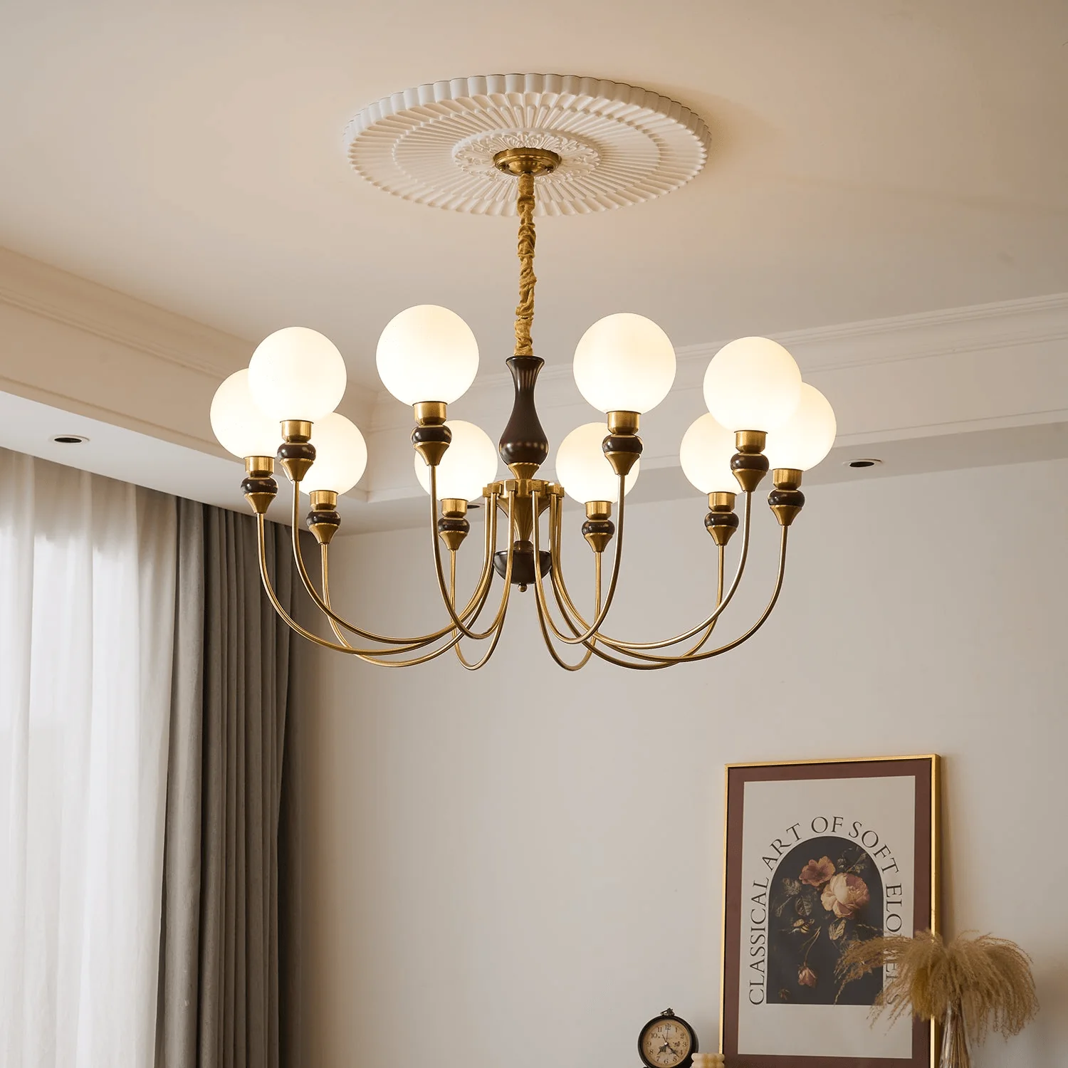 Lustra Chandelier Brass Arms Frosted Glass Globes - Image 20
