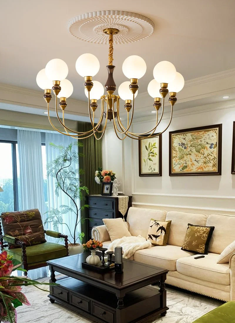 Lustra Chandelier Brass Arms Frosted Glass Globes - Image 21