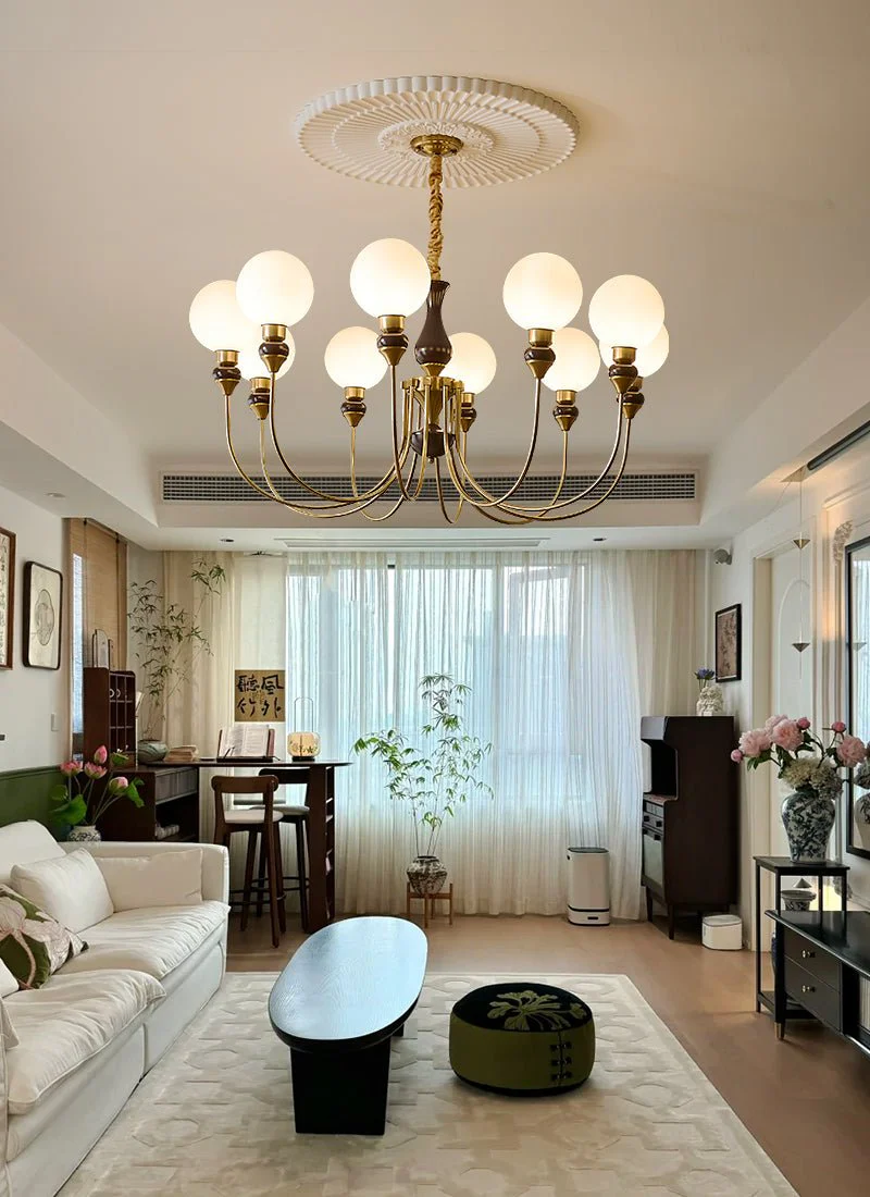 Lustra Chandelier Brass Arms Frosted Glass Globes - Image 24