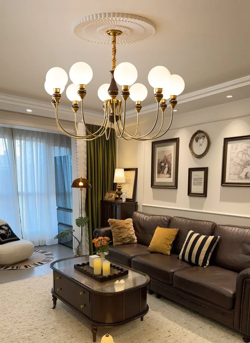 Lustra Chandelier Brass Arms Frosted Glass Globes - Image 25
