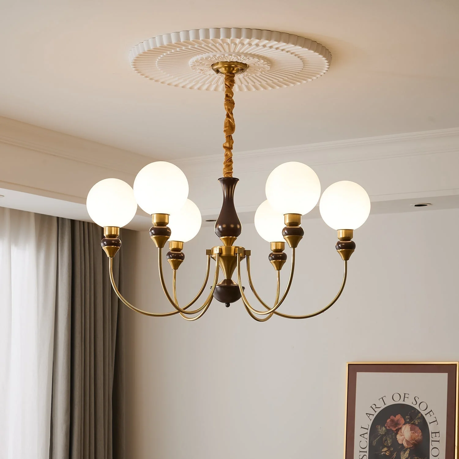 Lustra Chandelier Brass Arms Frosted Glass Globes - Image 31