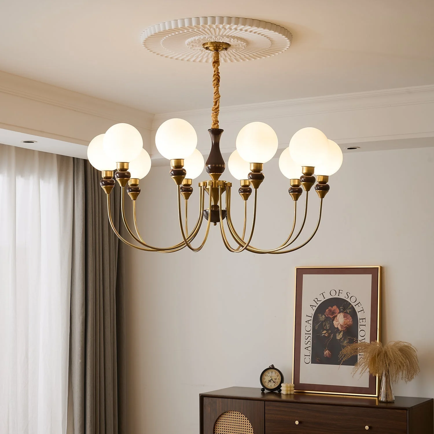 Lustra Chandelier Brass Arms Frosted Glass Globes - Image 4