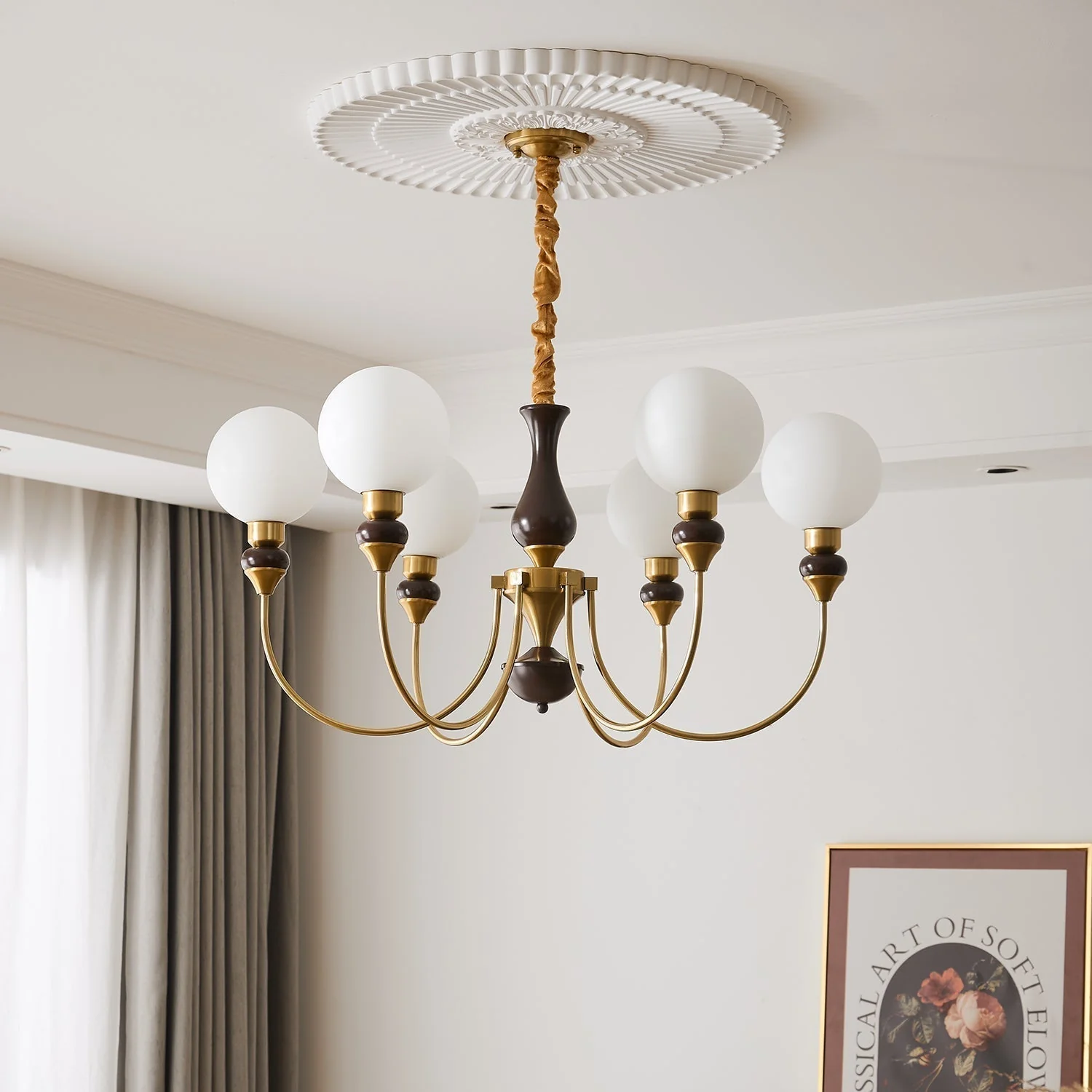 Lustra Chandelier Brass Arms Frosted Glass Globes - Image 7