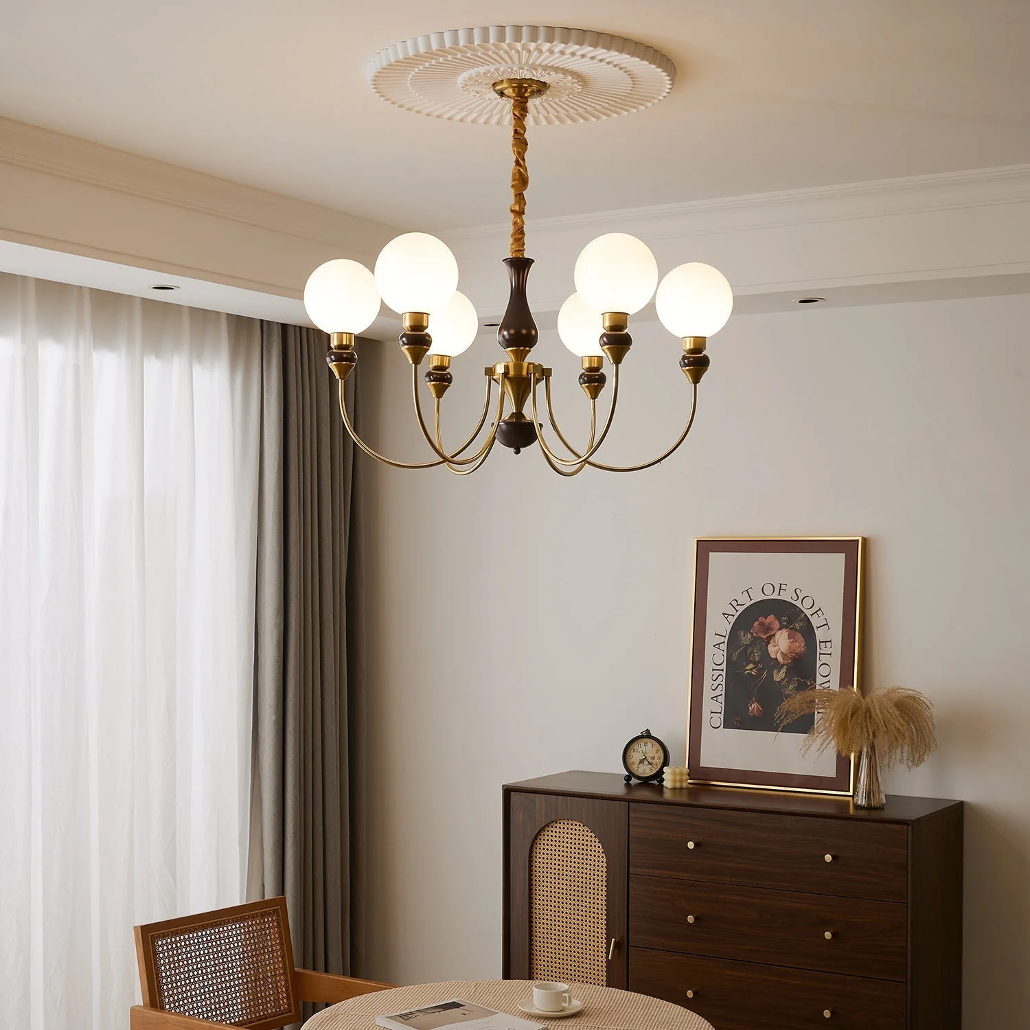 Lustra Chandelier Brass Arms Frosted Glass Globes - Image 8