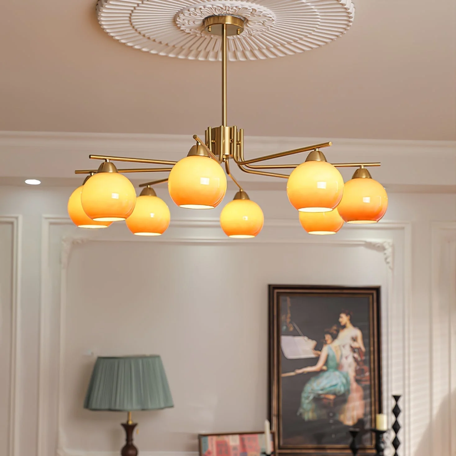Lustra Chandelier Brass Caramel Globe Minimalist - Image 4