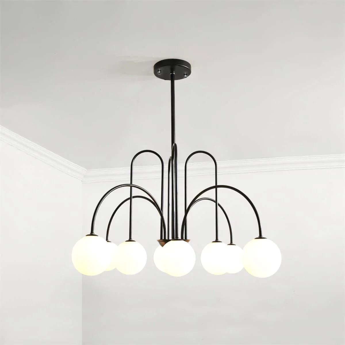 Lustra Chandelier Brass Curved Arms White Globe - Image 11