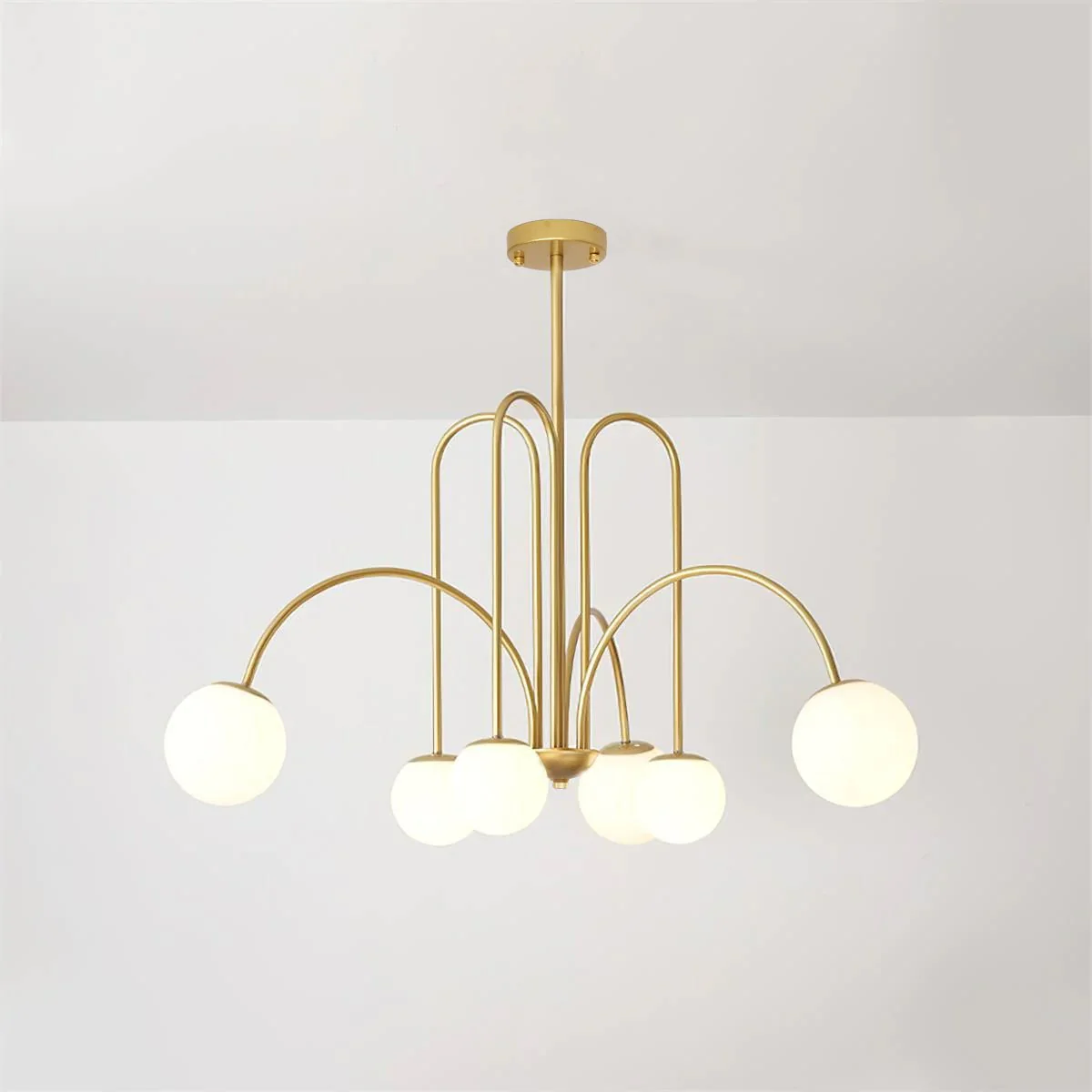 Lustra Chandelier Brass Curved Arms White Globe - Image 14