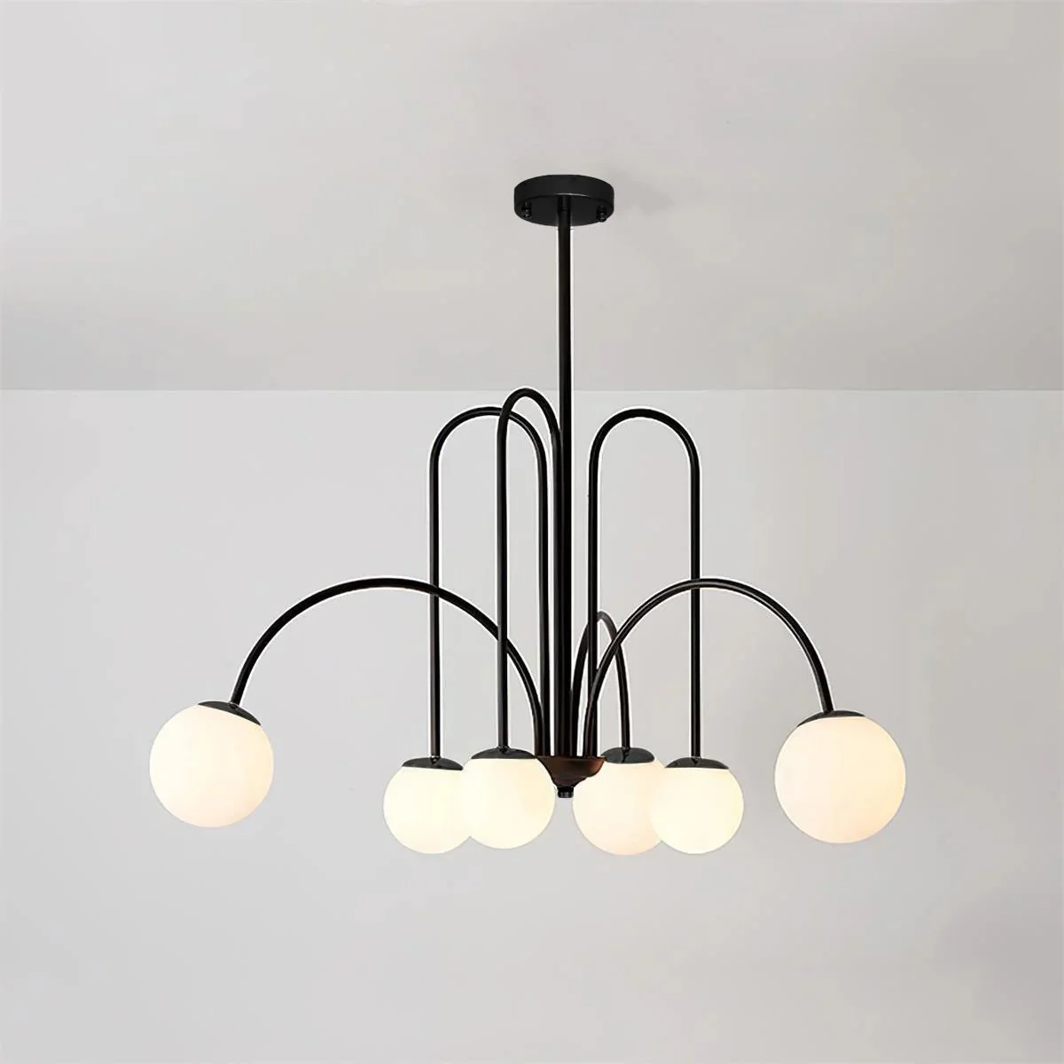 Lustra Chandelier Brass Curved Arms White Globe - Image 15