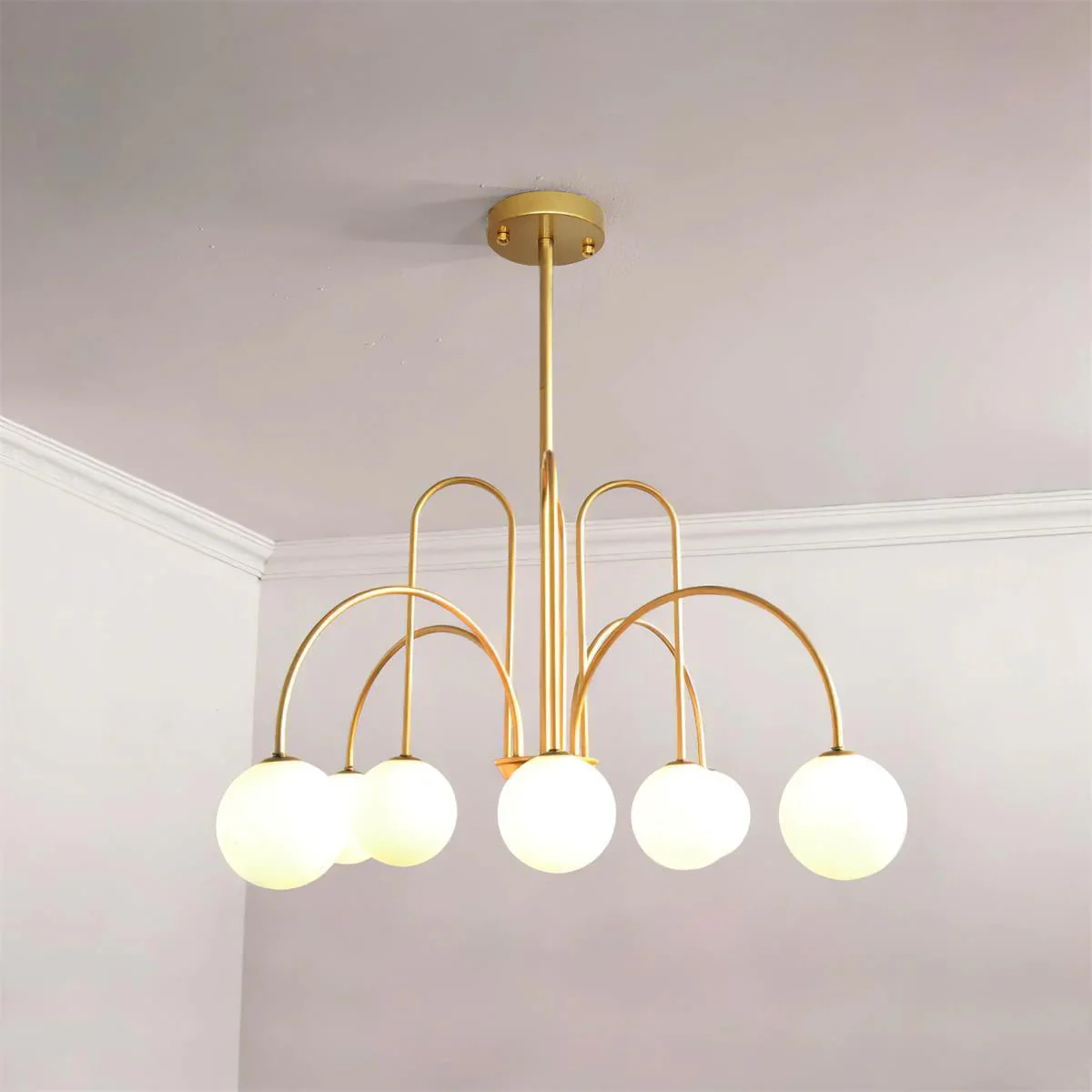 Lustra Chandelier Brass Curved Arms White Globe - Image 16
