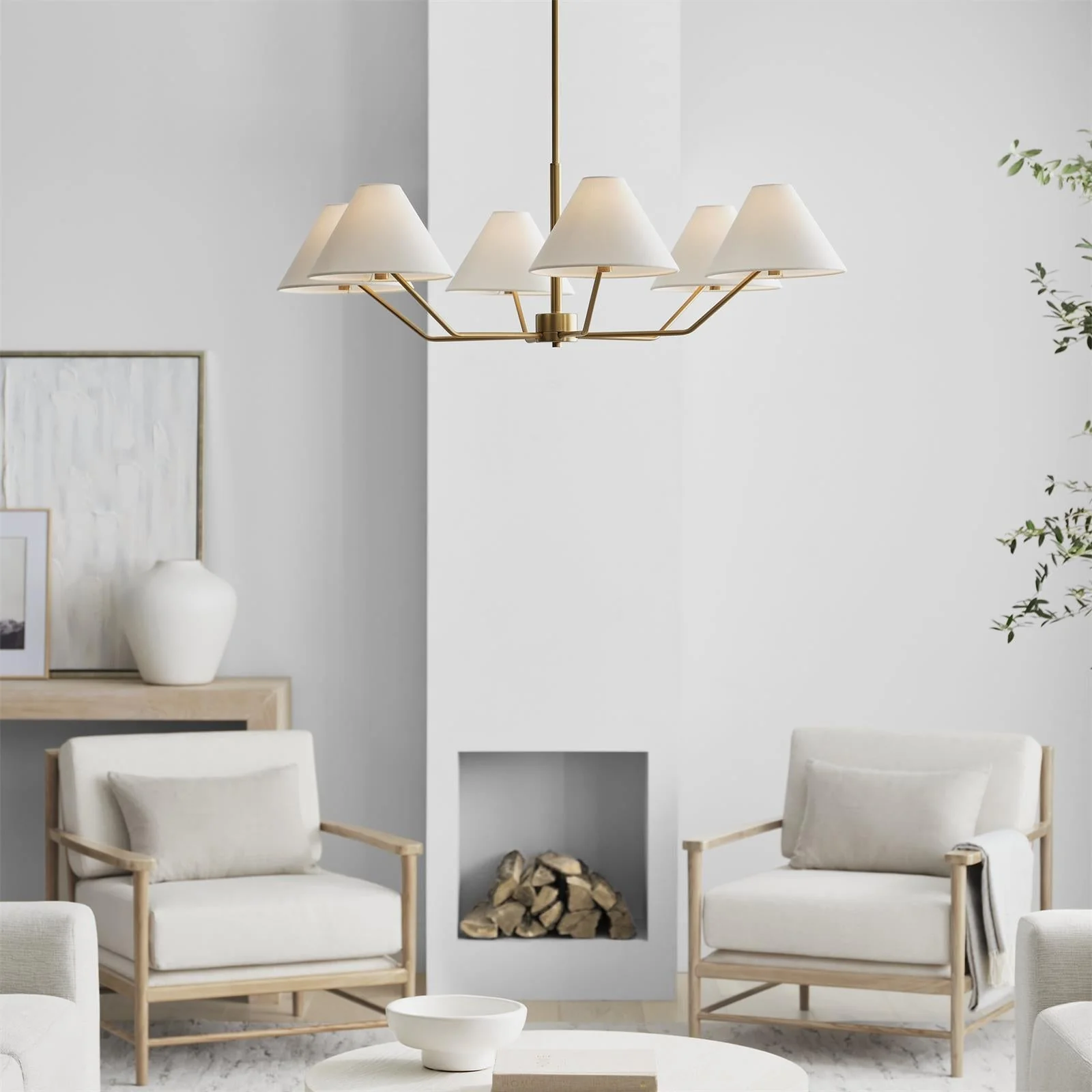 Lustra Chandelier Brass Fabric Cone Shades Modern - Image 14