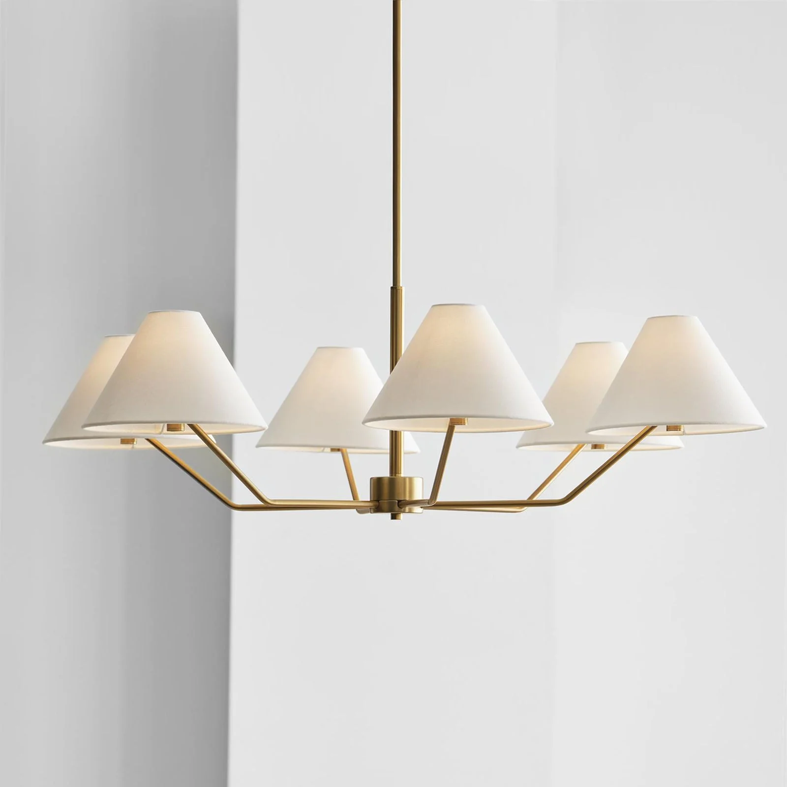 Lustra Chandelier Brass Fabric Cone Shades Modern - Image 4