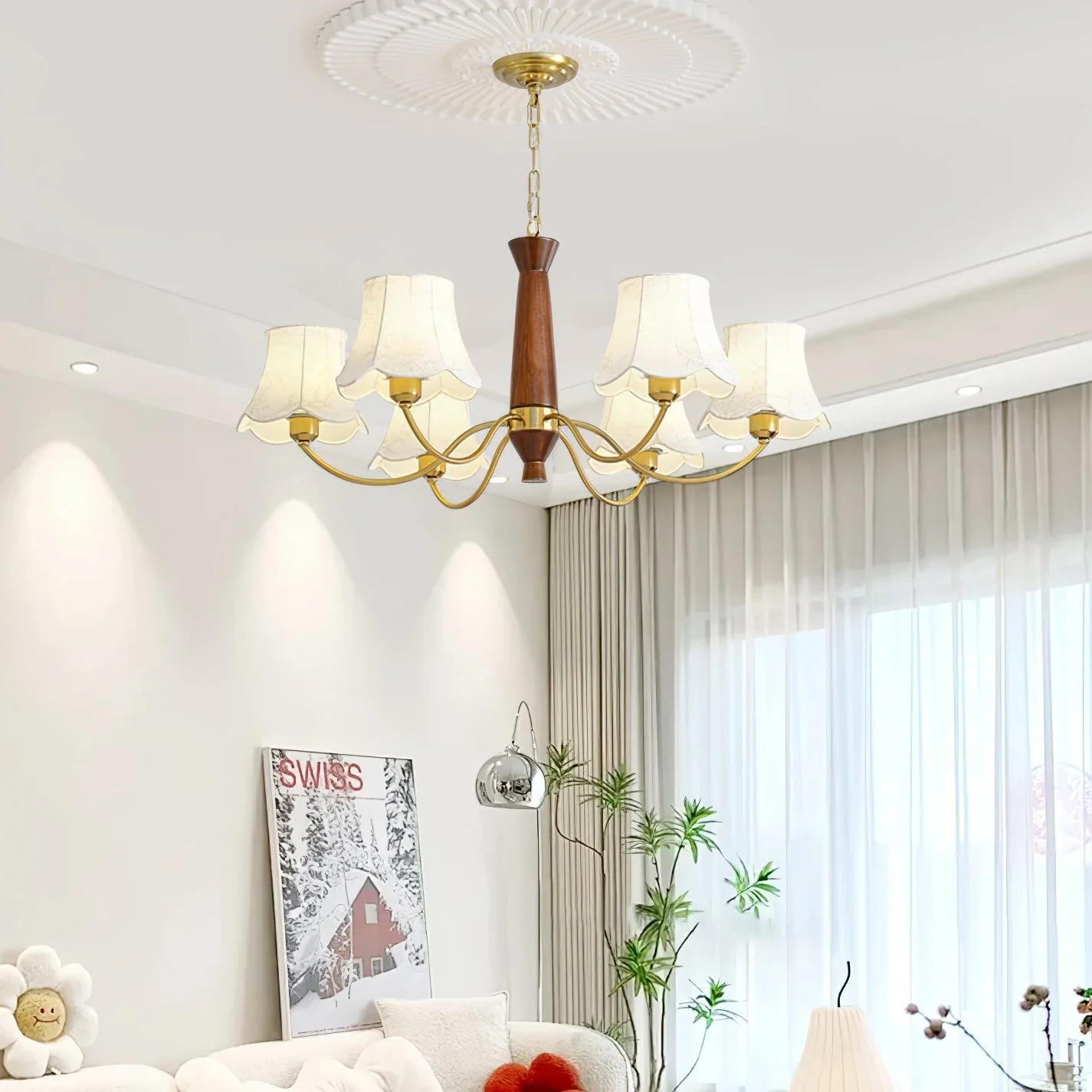 Lustra Chandelier Brass Fabric Curved Arms - Image 16