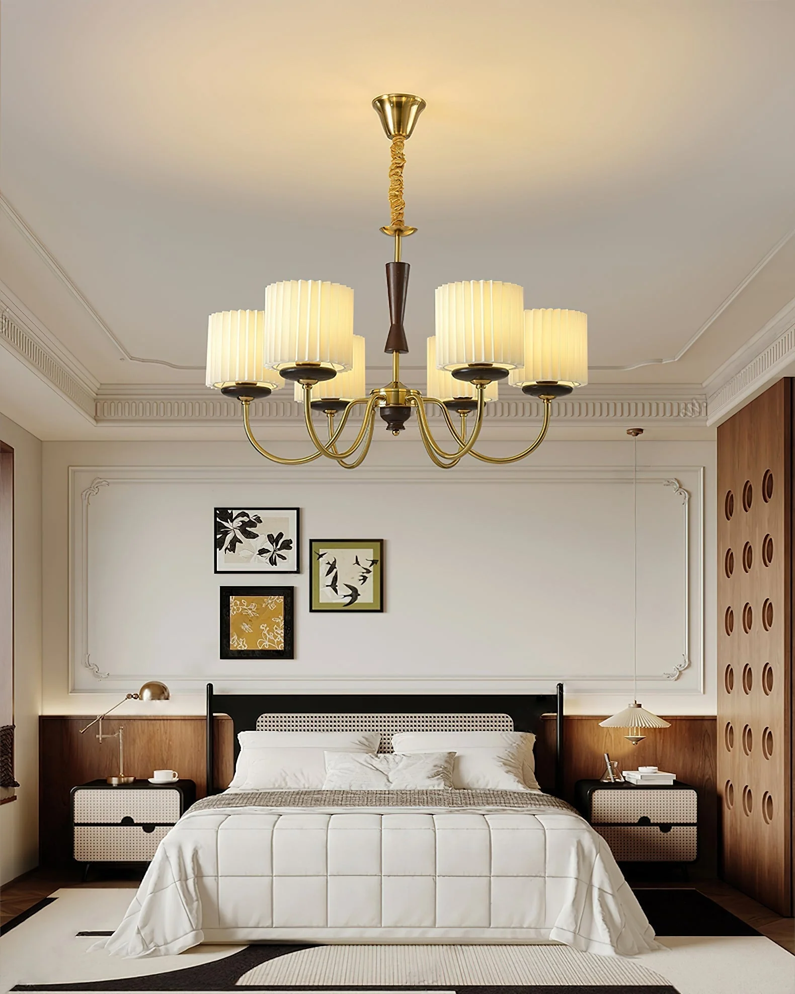 Lustra Chandelier Brass Fabric Pleated Shades - Image 10