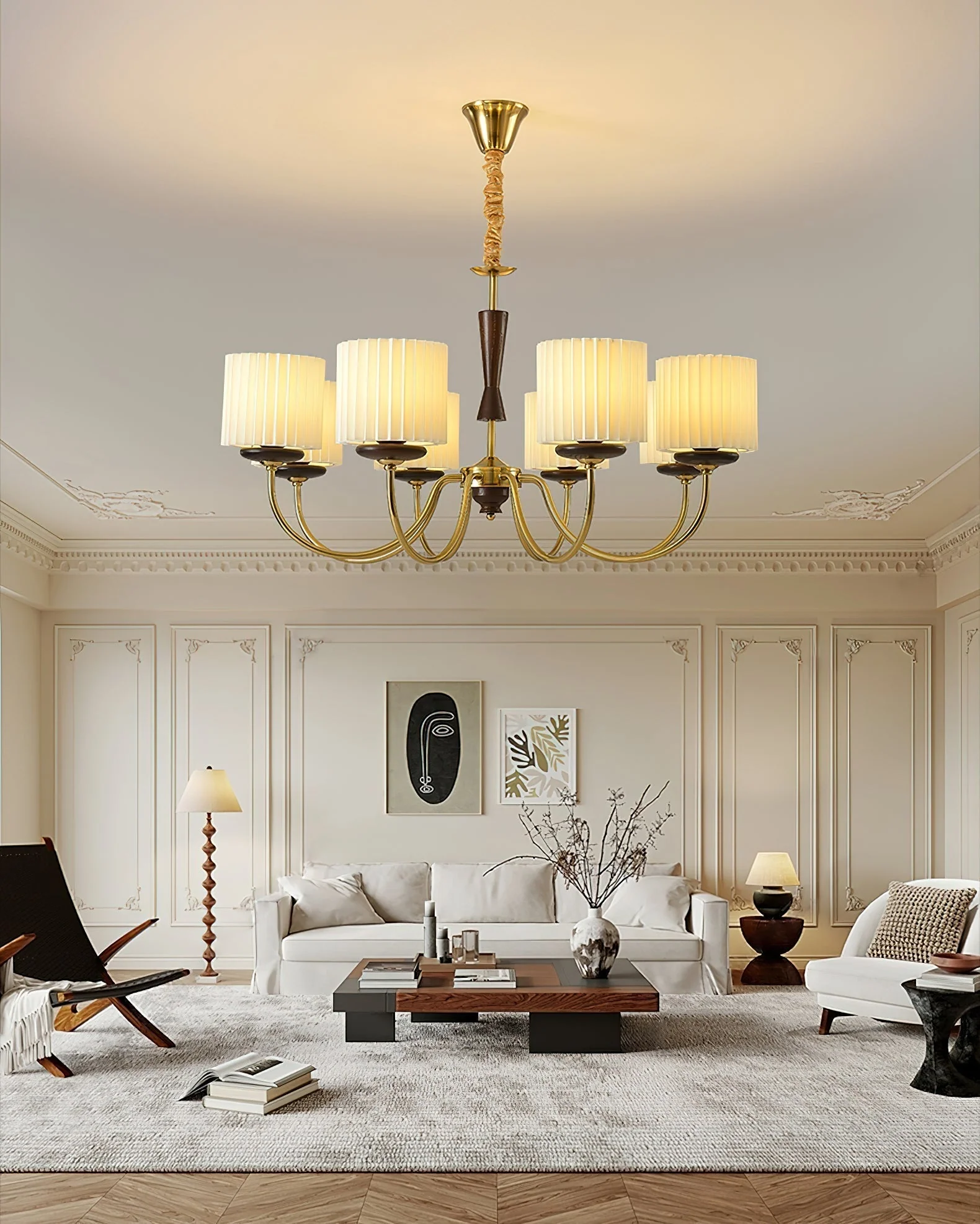Lustra Chandelier Brass Fabric Pleated Shades - Image 14