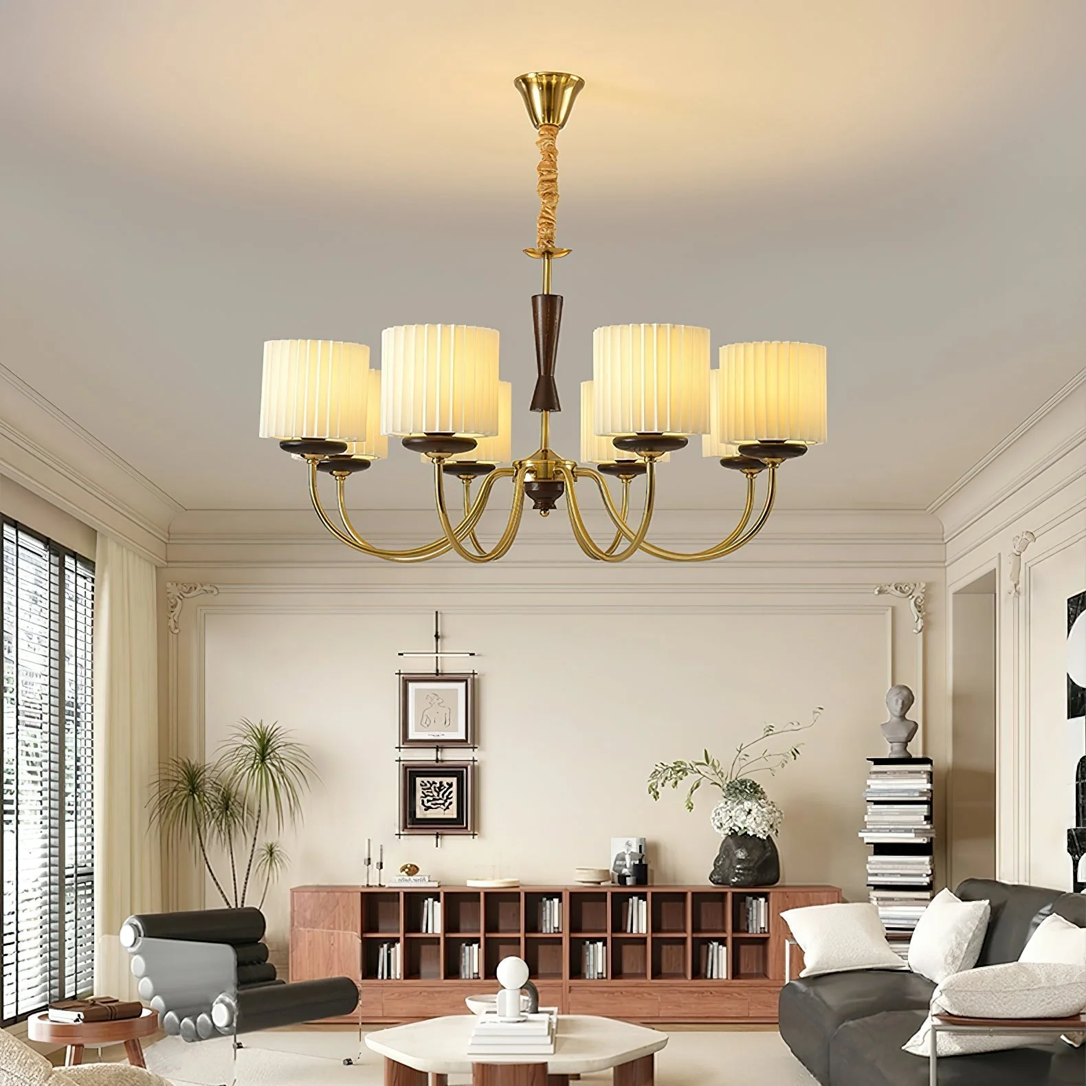 Lustra Chandelier Brass Fabric Pleated Shades - Image 3