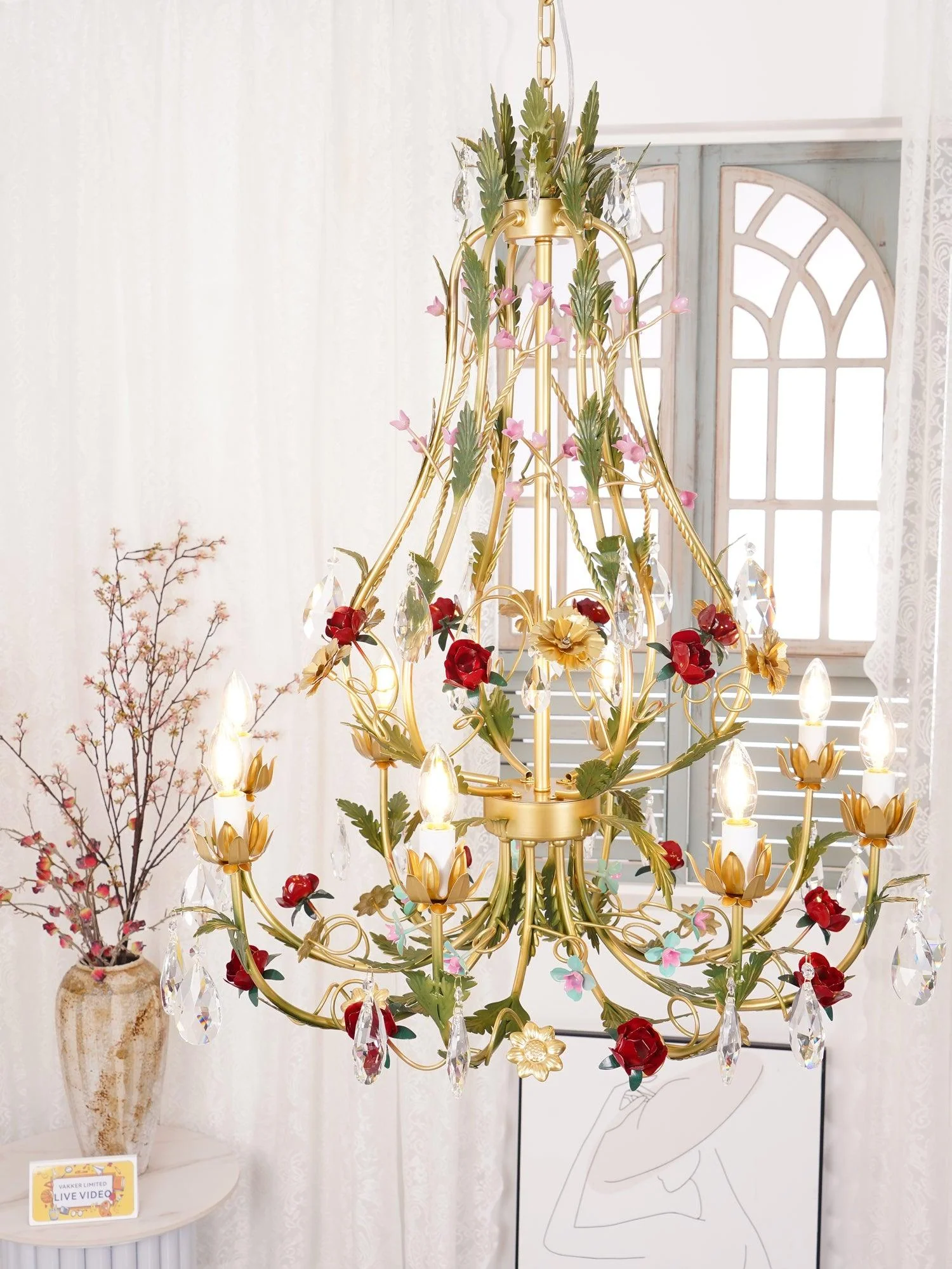Lustra Chandelier Brass Floral Rose Crystal Candle - Image 10