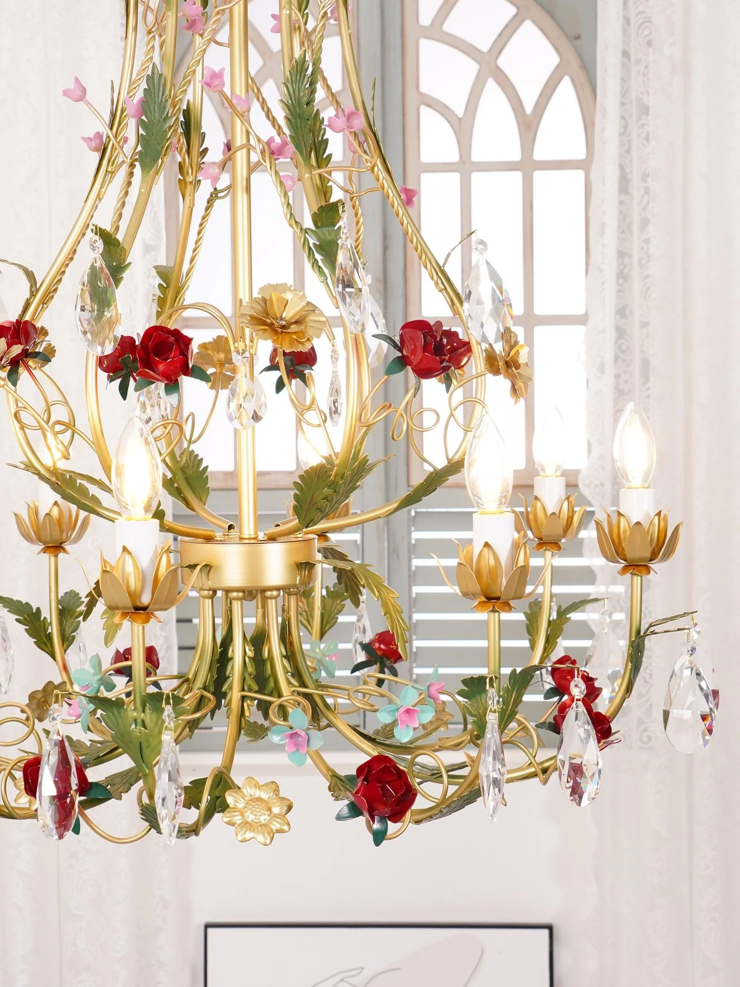 Lustra Chandelier Brass Floral Rose Crystal Candle - Image 11