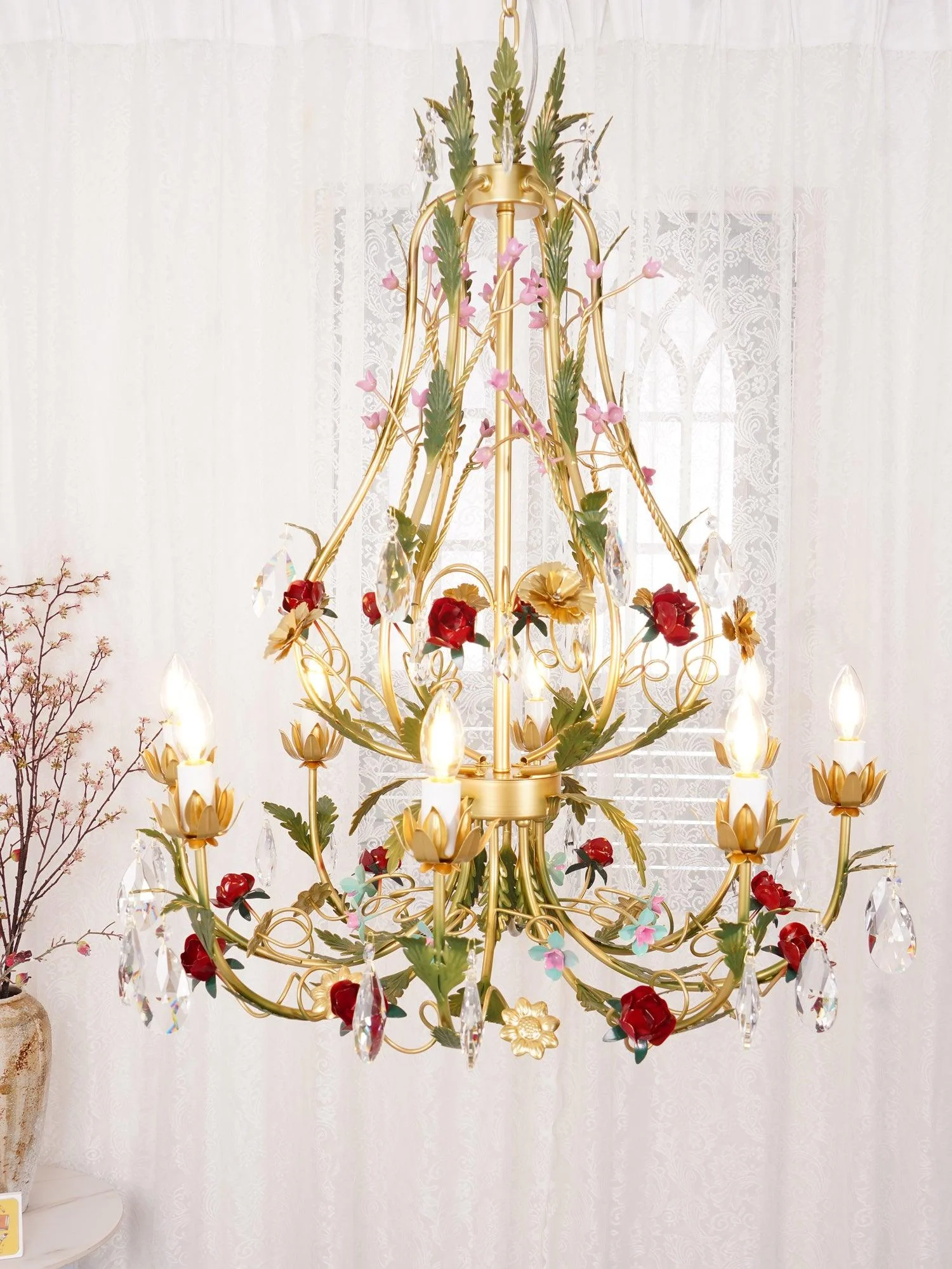 Lustra Chandelier Brass Floral Rose Crystal Candle - Image 13